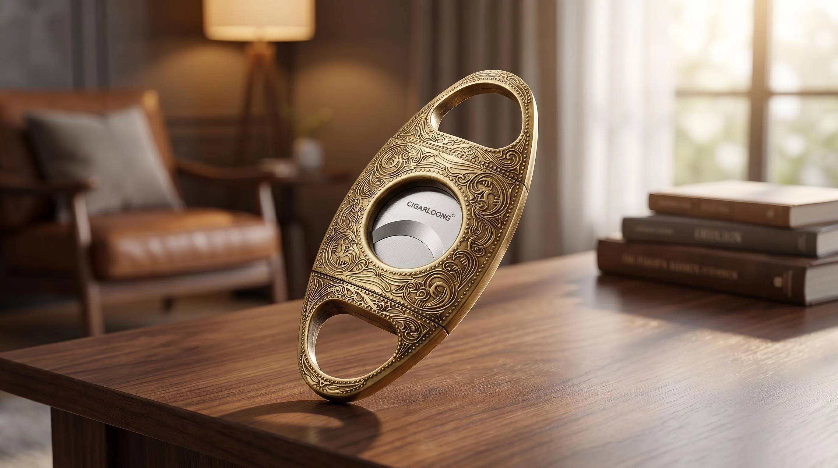 CIGARLOONG Cigar Cutter Stainless Steel Bronze Engraved: Stainless steel build with bronze engraved detailing