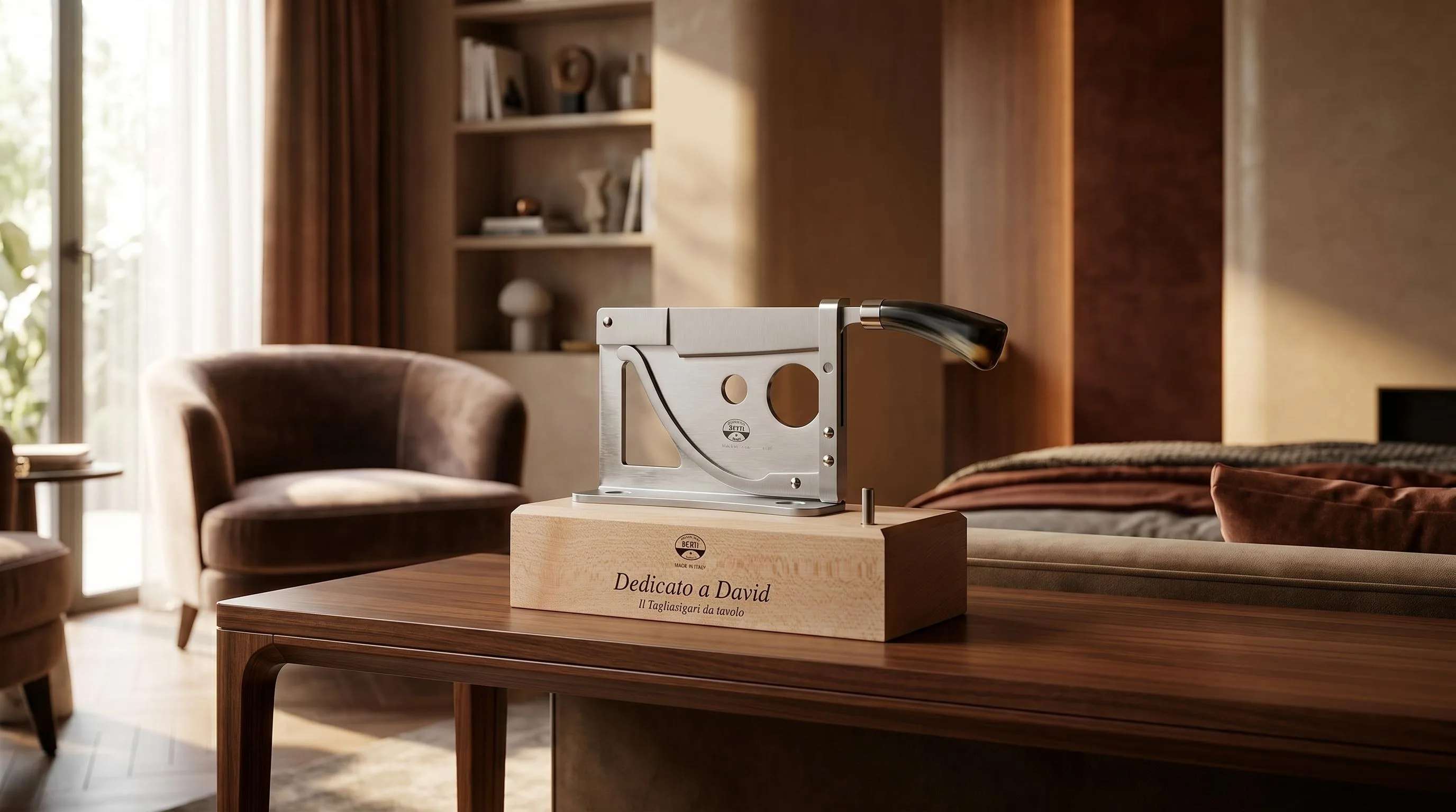 Coltellerie Berti Cigar Cutter w/Wood Base: Tabletop cutter mounted on a wood base