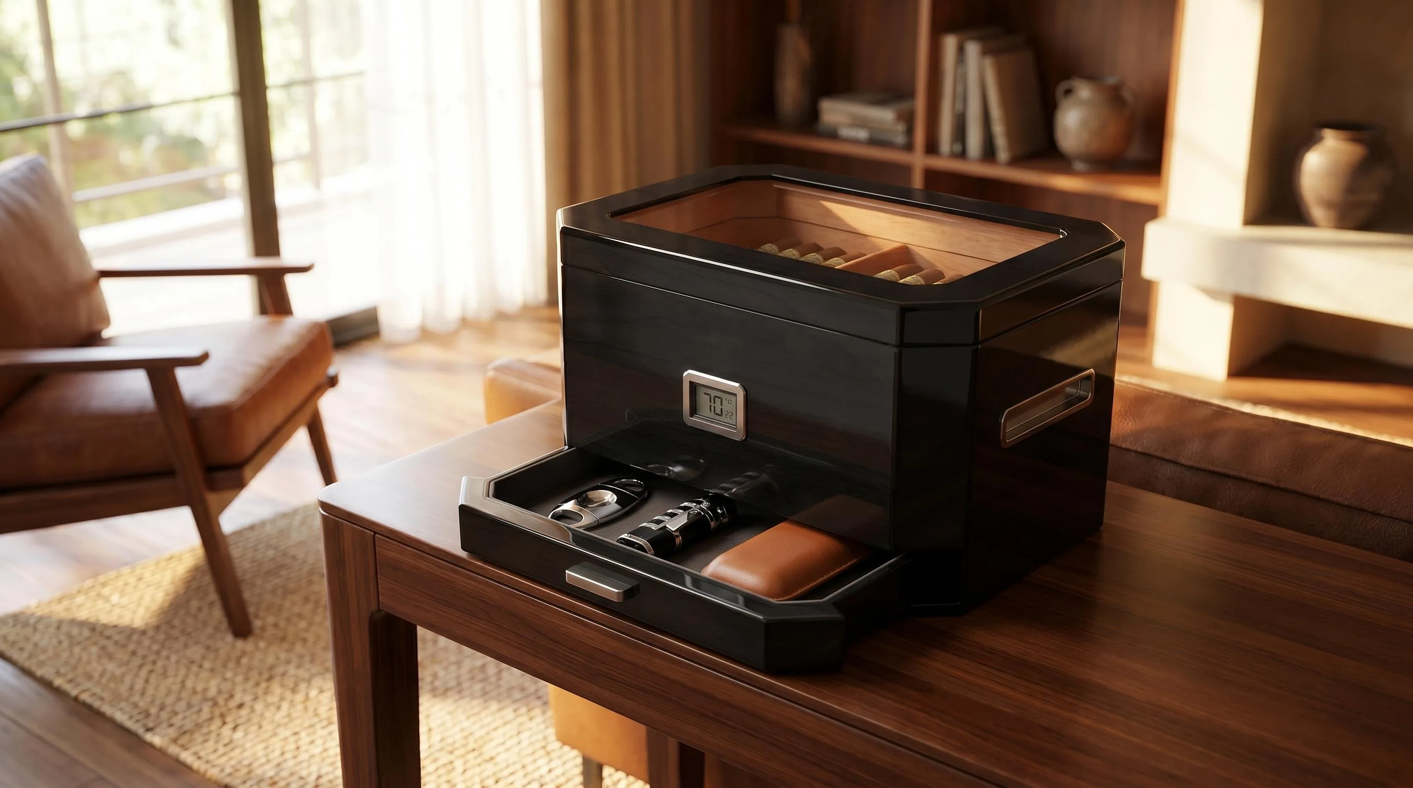 CASE ELEGANCE Octodor Large Black Piano Finish Glass Top: Black piano finish with glass top