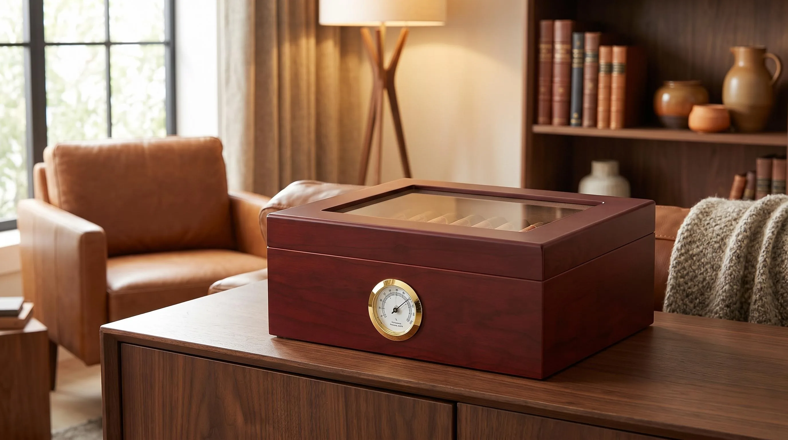 Mantello Royal Glass-Top Cigar Humidor — Classic Desktop: spanish cedar wood interior