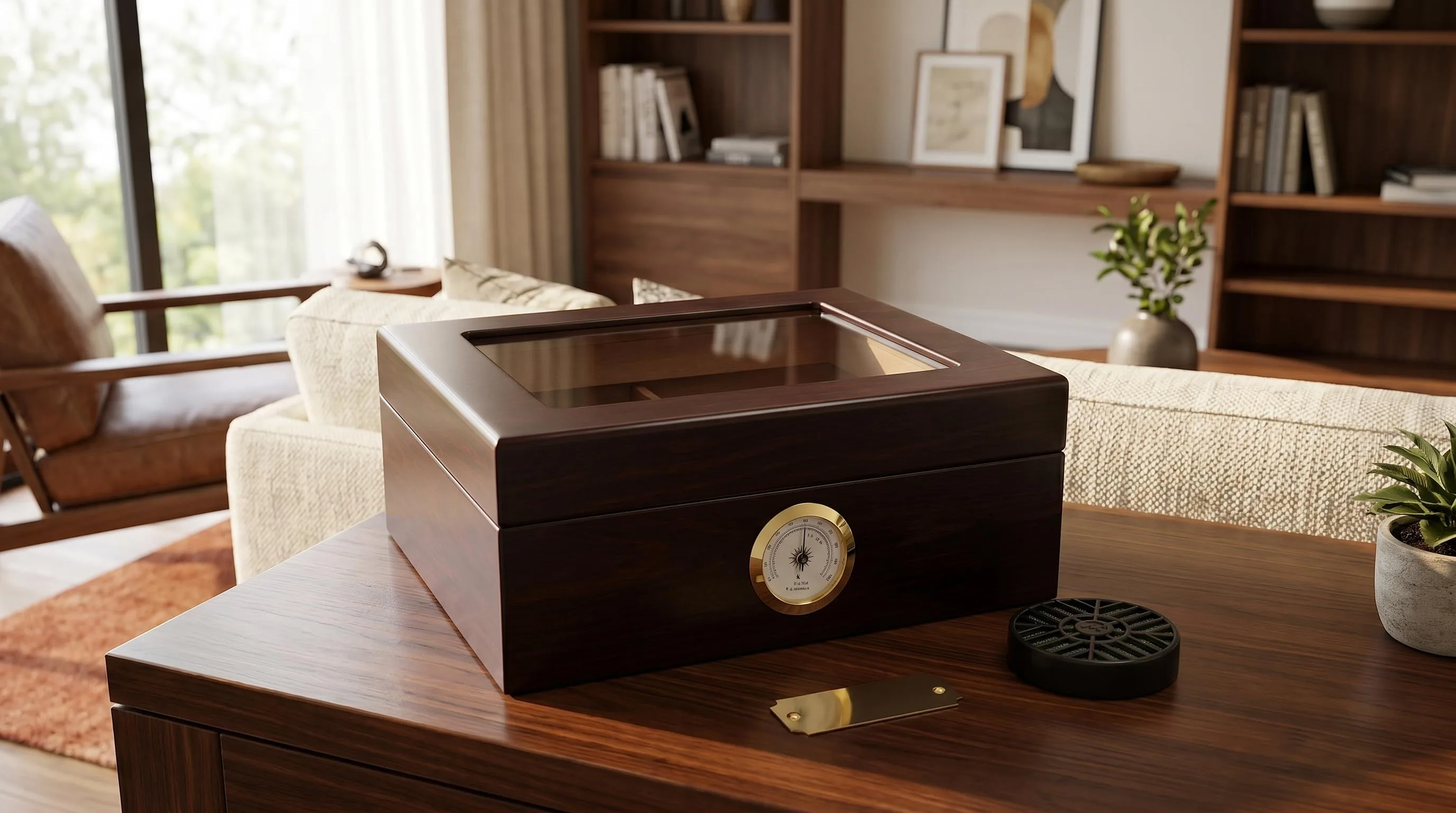 Quality Importers Desktop Humidor — Cedar Dividing: cedar divider and brass ring glass hygrometer