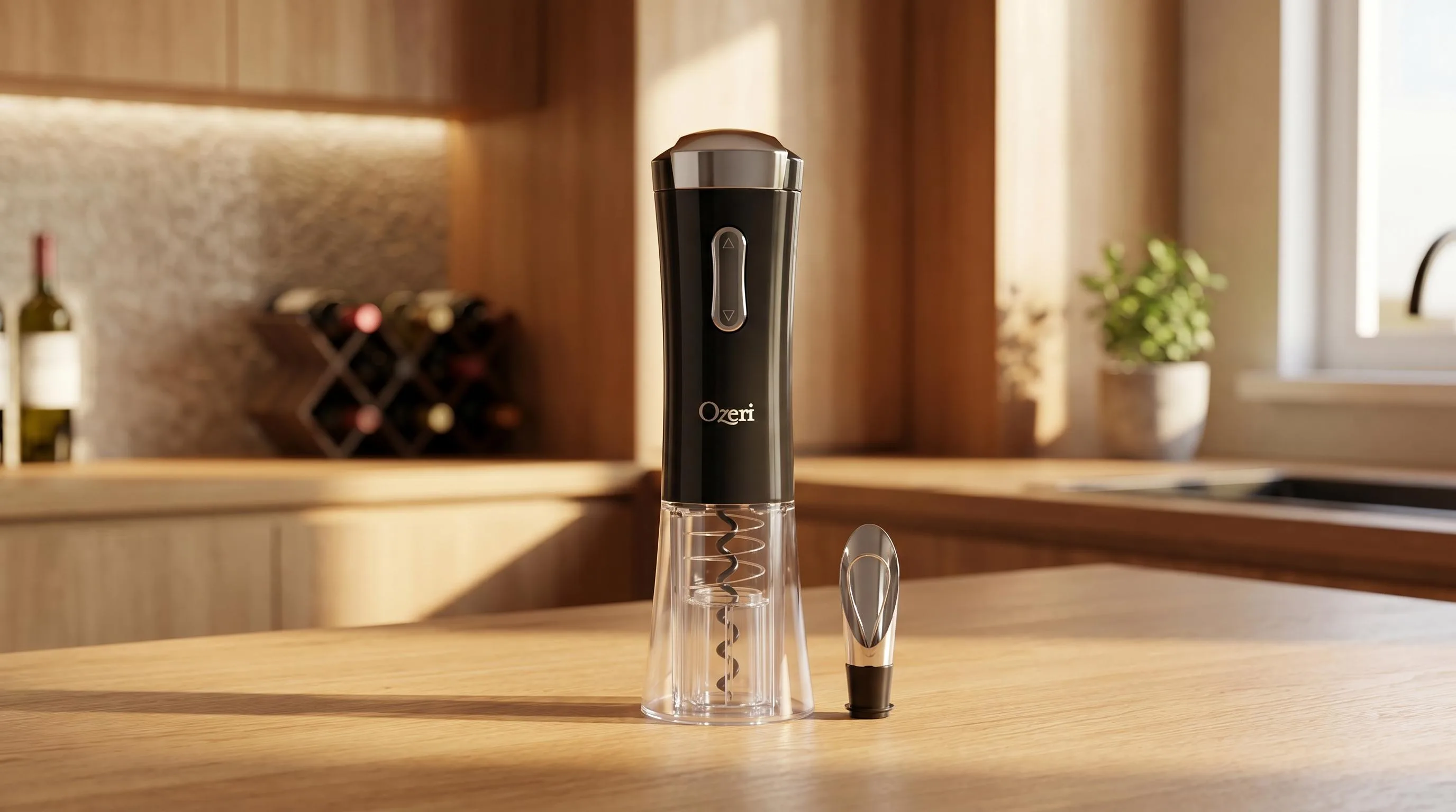 Ozeri Nouveaux II Electric Wine Opener in Black: Rechargeable motorized opener that removes corks at the push of a button