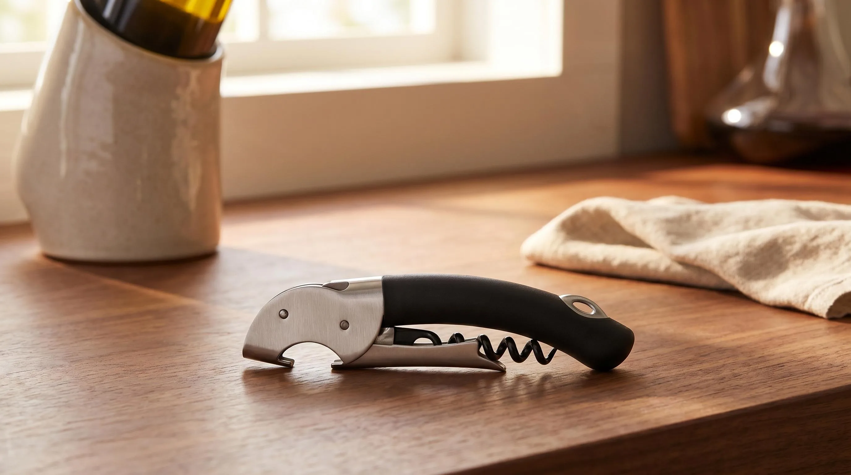 OXO Steel Double Lever Waiter's Corkscrew,Silver/Black,1 CT — Soft Grip Handling: double lever waiter’s corkscrew