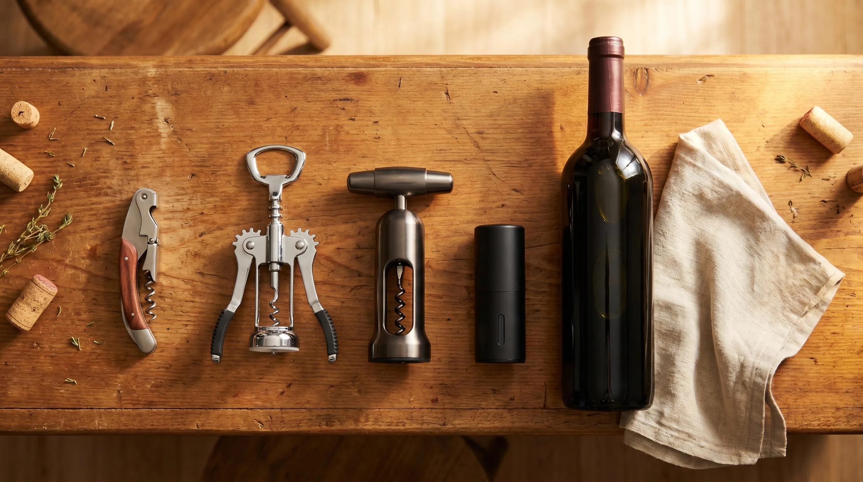 Different wine corkscrew styles compared: waiter's friend, winged, vertical lever and electric openers