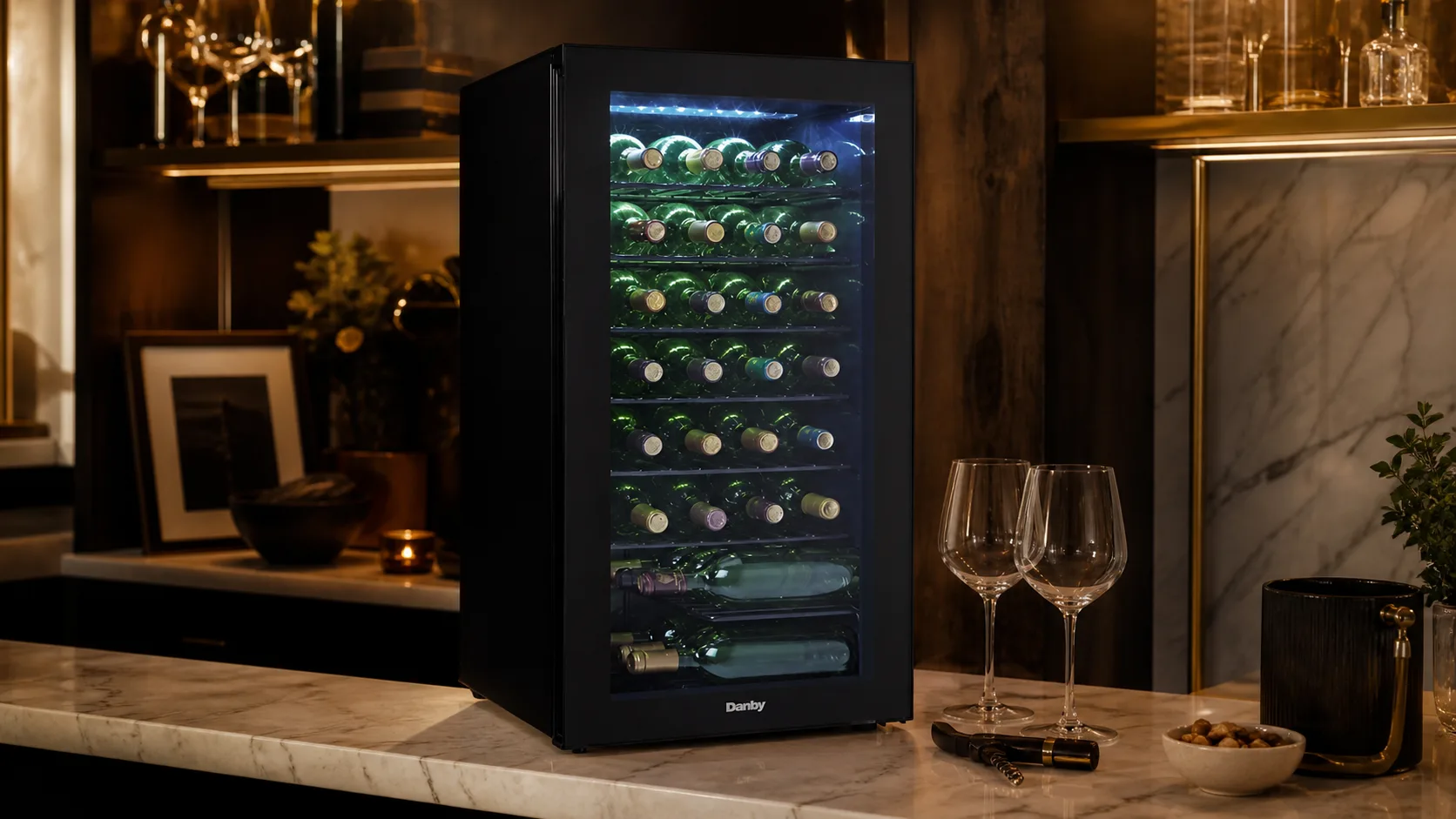 DWC032A2BDB 36-Bottle Wine Cooler — Showcase Display: 36-bottle capacity with blue LED lighting and adjustable wir