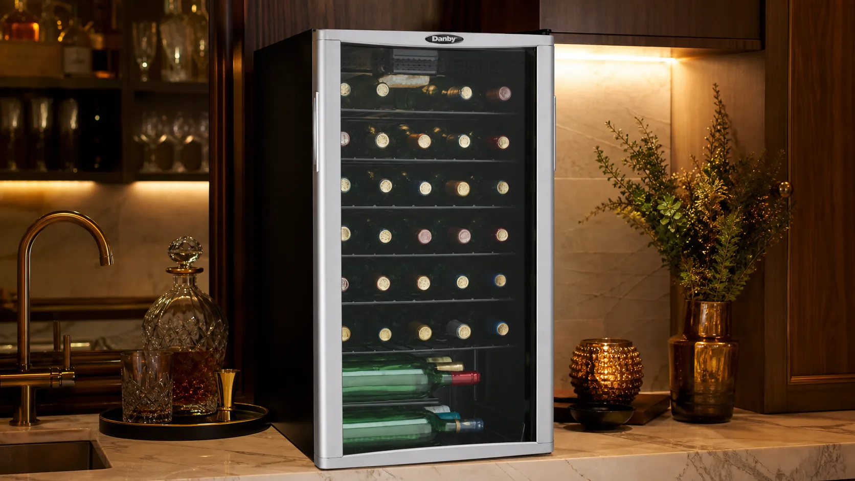 Danby DWC350BLPA 35-Bottle — Budget Compact Pick: 35-bottle capacity at $299.99 with 12-month in-home warranty