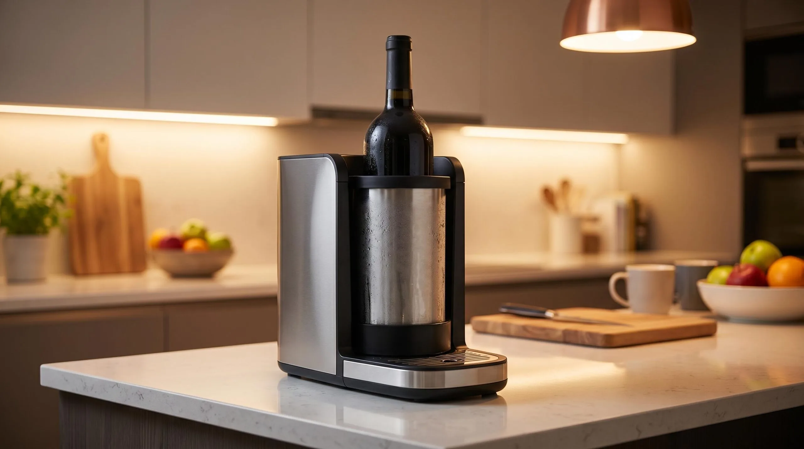 Electric rapid wine chiller on a kitchen counter