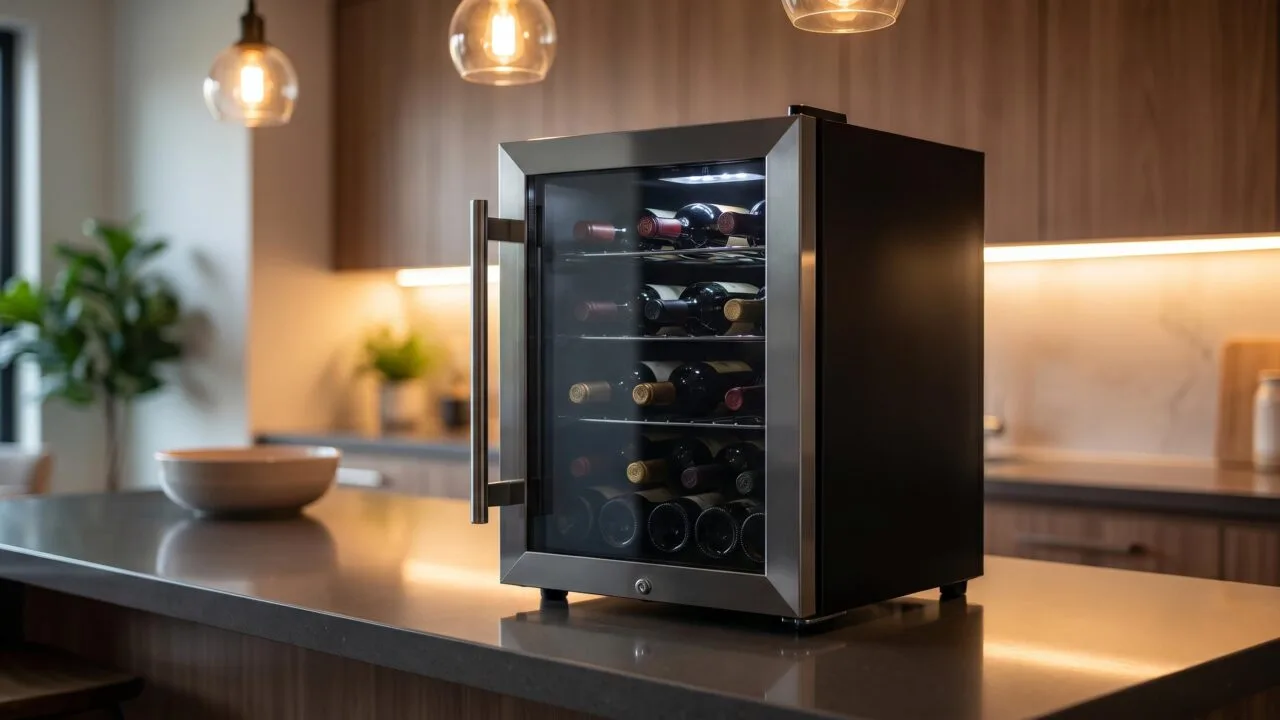Emerson FR24SL compact wine cooler on a kitchen counter