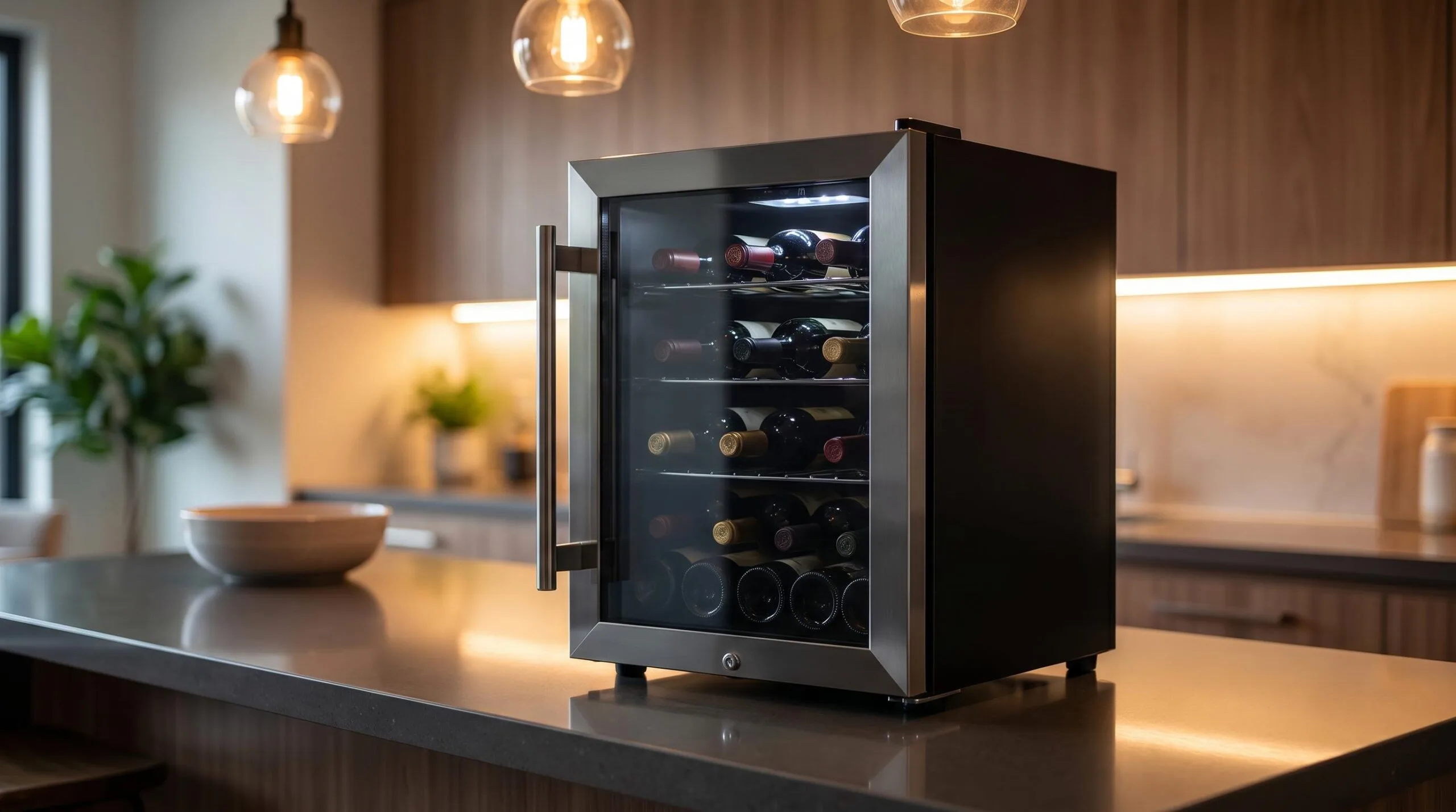 Emerson FR24SL compact wine cooler on a kitchen counter
