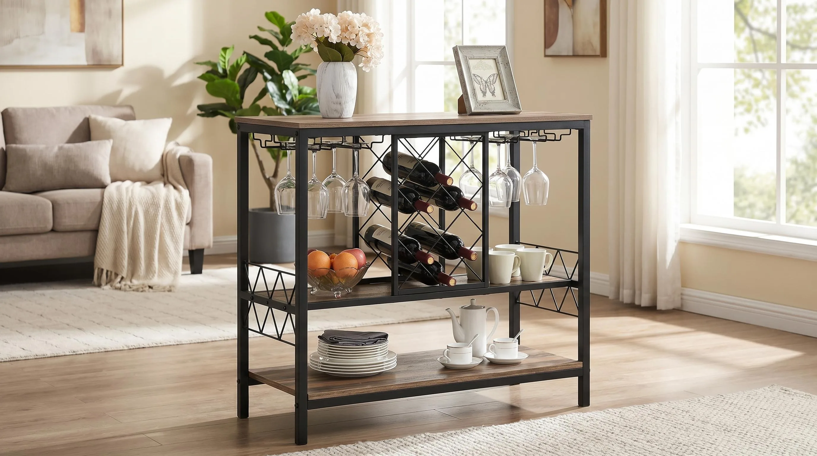 Top 10 The Best Floor Wine Rack Must-Haves in 2026 15 O&K FURNITURE Industrial Wine Rack Table with Glasses Holder — Bar Table Storage: 7-bottle cradle with stemware rail