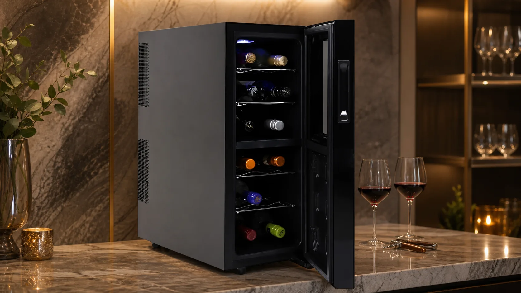 Koolatron 12-Bottle Wine Cooler — Dual-Zone Pours: beech wood racks
