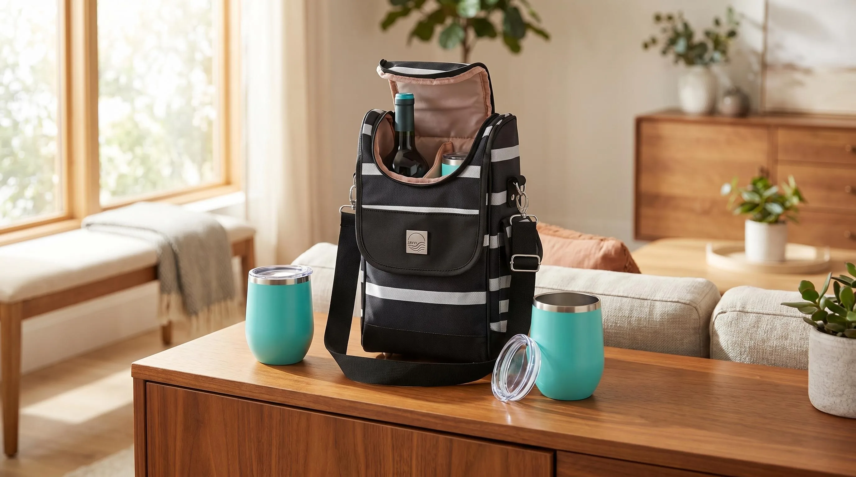 Savvy Outdoors Wine Tote Bag with Stemless Wine Glasses: Includes stemless wine glasses for ready-to-pour outdoor sipping