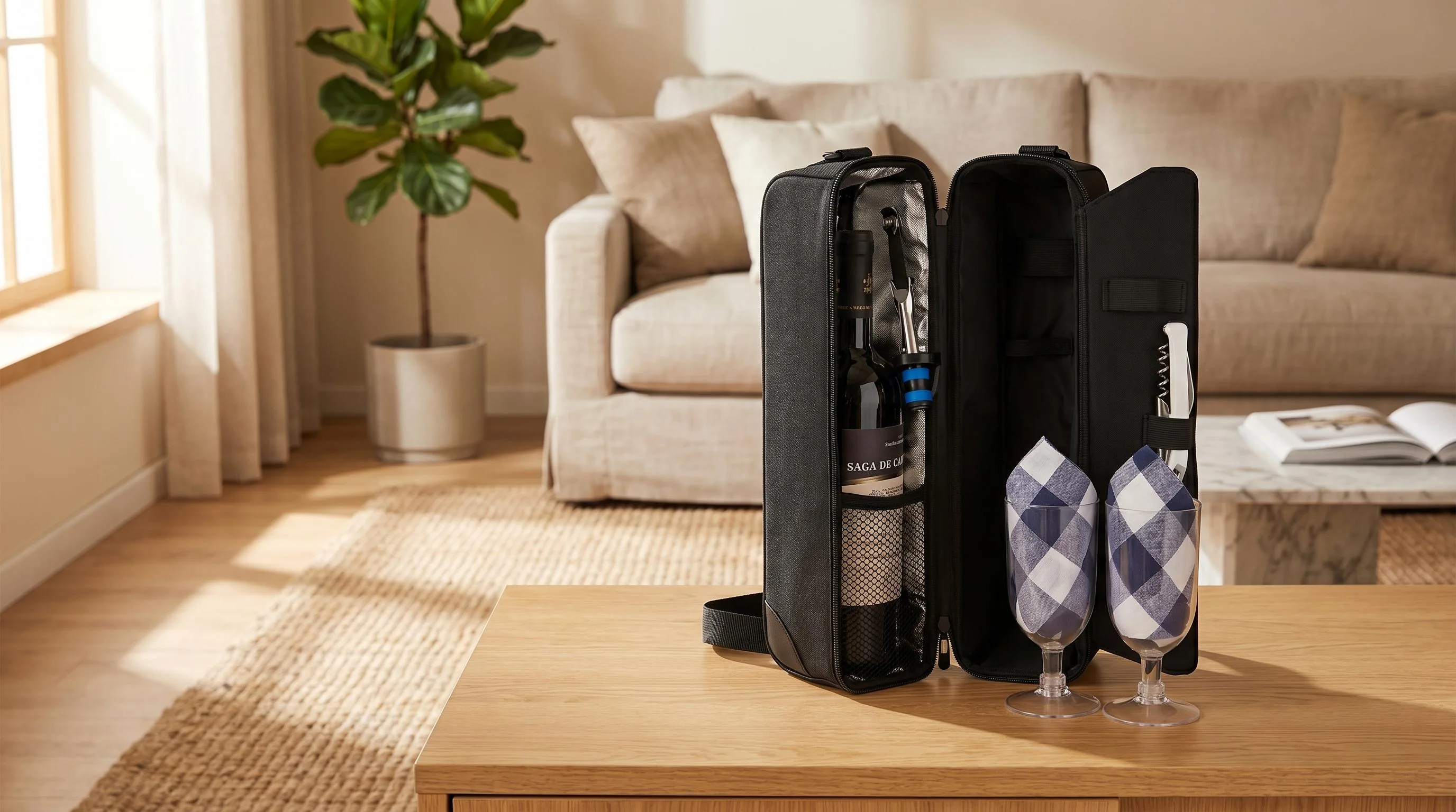 ALLCAMP Wine tote Bag with Cooler Compartment，Picnic Set: Insulated cooler compartment paired with a full picnic set