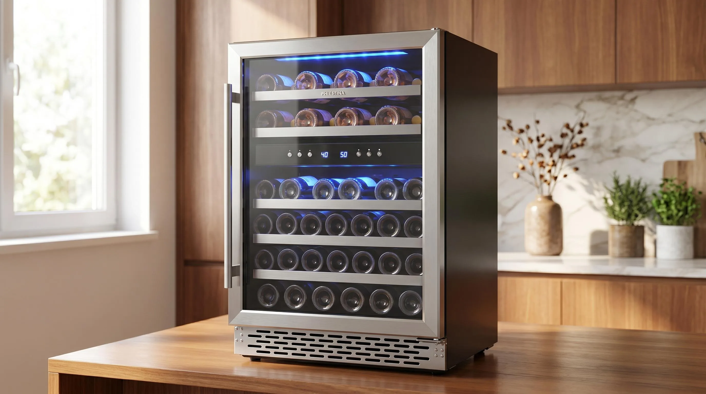 The Best Small Wine Cooler of All Time 2026 17 Phiestina 46-Bottle Wine Cooler: 46-bottle capacity for growing wine collections in a compact freestanding footpr