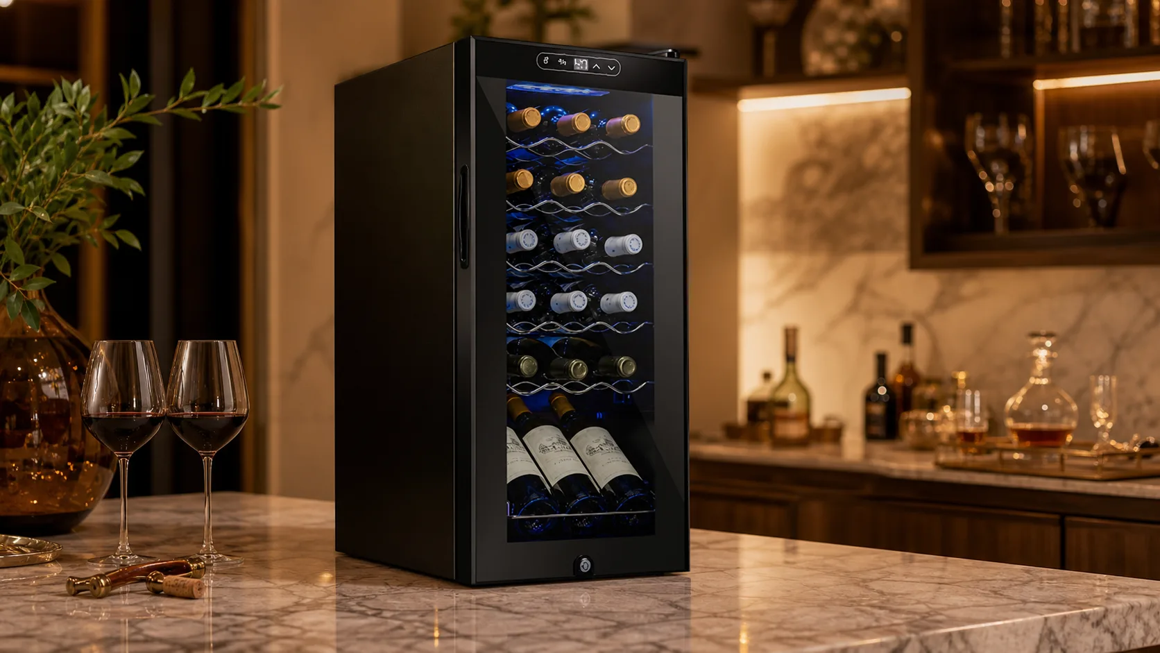 SCHMECKE 18-Bottle Wine Cooler — Best Overall: 41°F-64°F digital temperature control