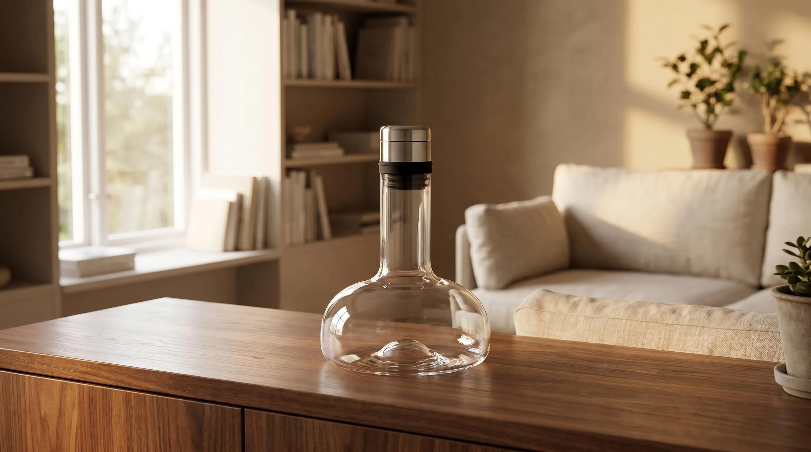 Menu Winebreather Carafe: Flip-top carafe design that aerates wine by inverting the bottle into the vessel