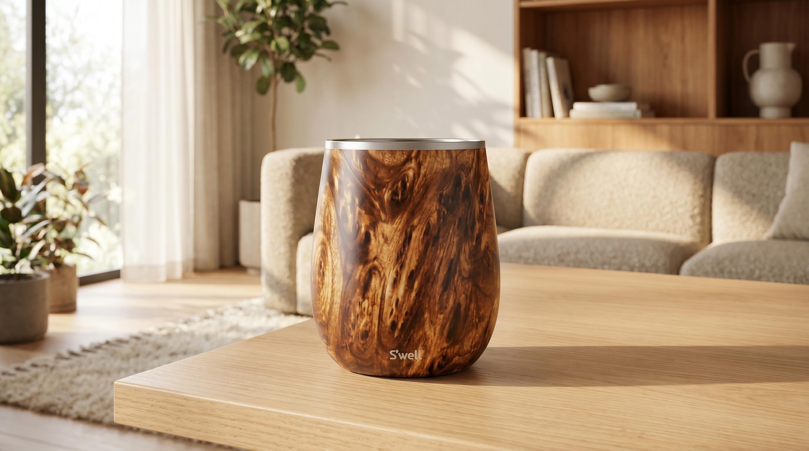 S'well Stainless Steel Wine Tumbler — Teakwood Style: 9 oz triple-layered vacuum-insulated