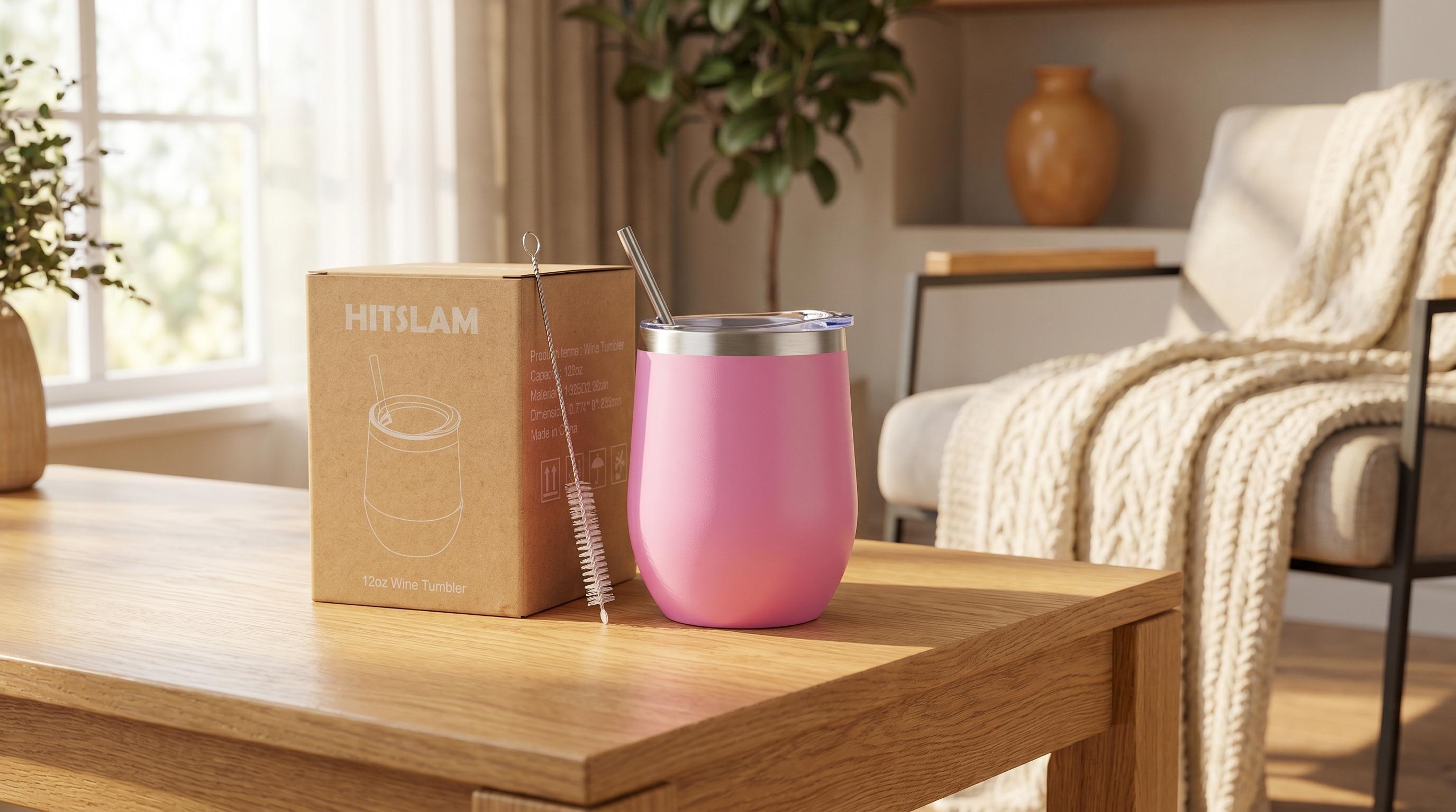 HITSLAM Wine Tumbler Cup Coffee Mug: 12oz Travel Insulated — Lid And Straw: 12 oz vacuum double wall