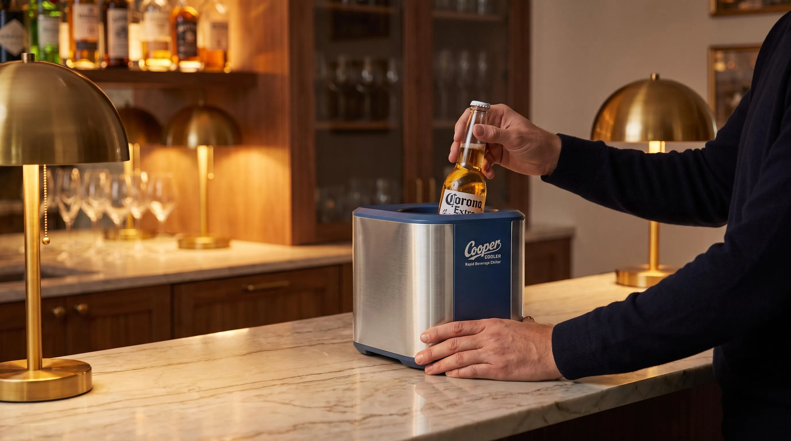 The Cooper Cooler Rapid Beverage Chiller shown in everyday use at home, as tested by FlightWineBar