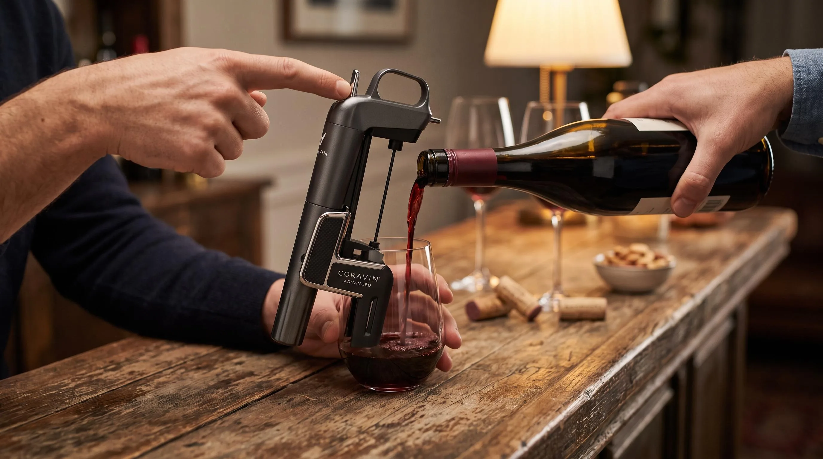 The Coravin Advanced Wine Bottle Opener shown in everyday use at home, as tested by FlightWineBar