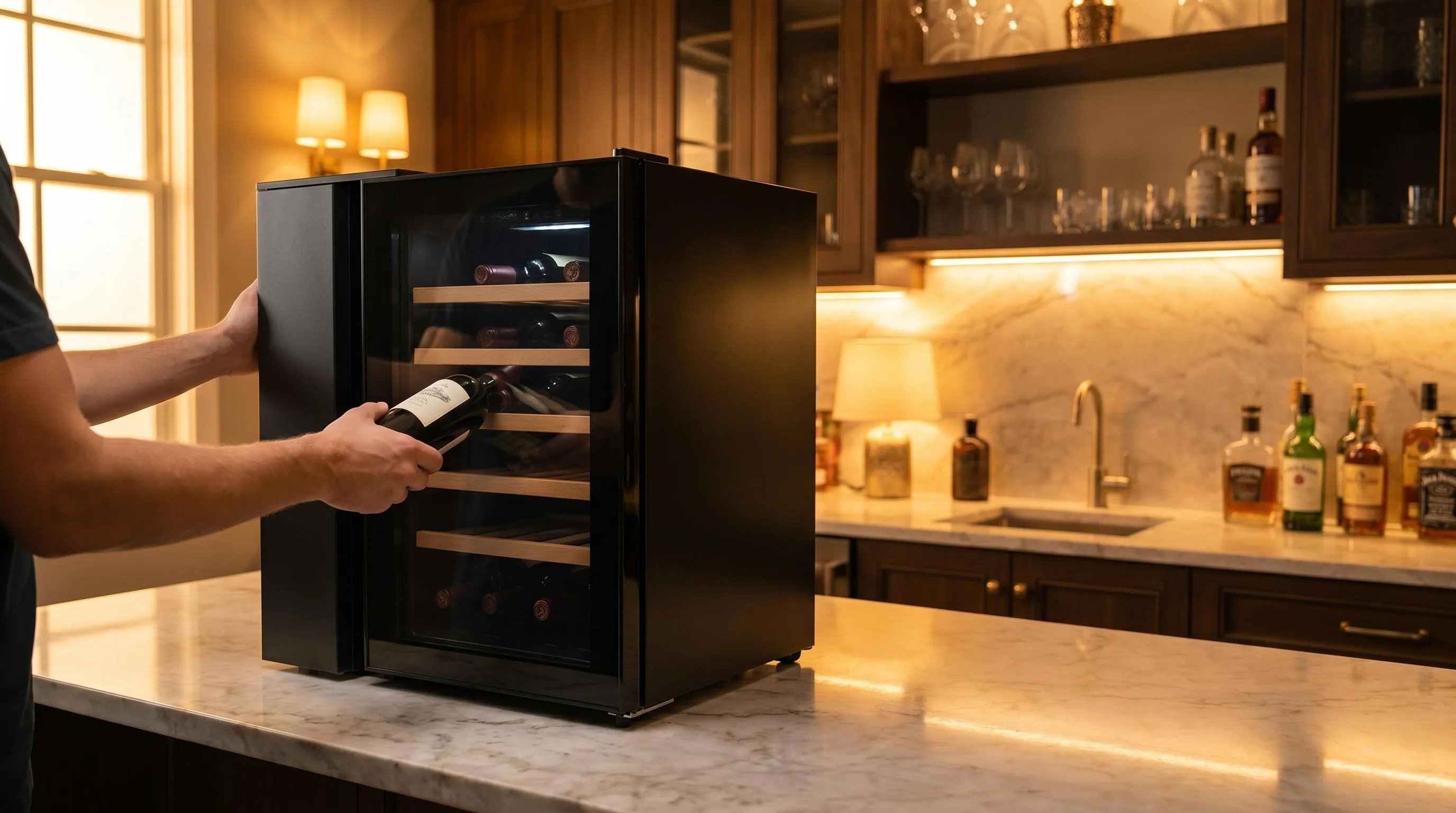 Haier HVTEC06ABS Wine Cooler Review 2026 3 The Haier HVTEC06ABS shown in everyday use at home, as tested by FlightWineBar