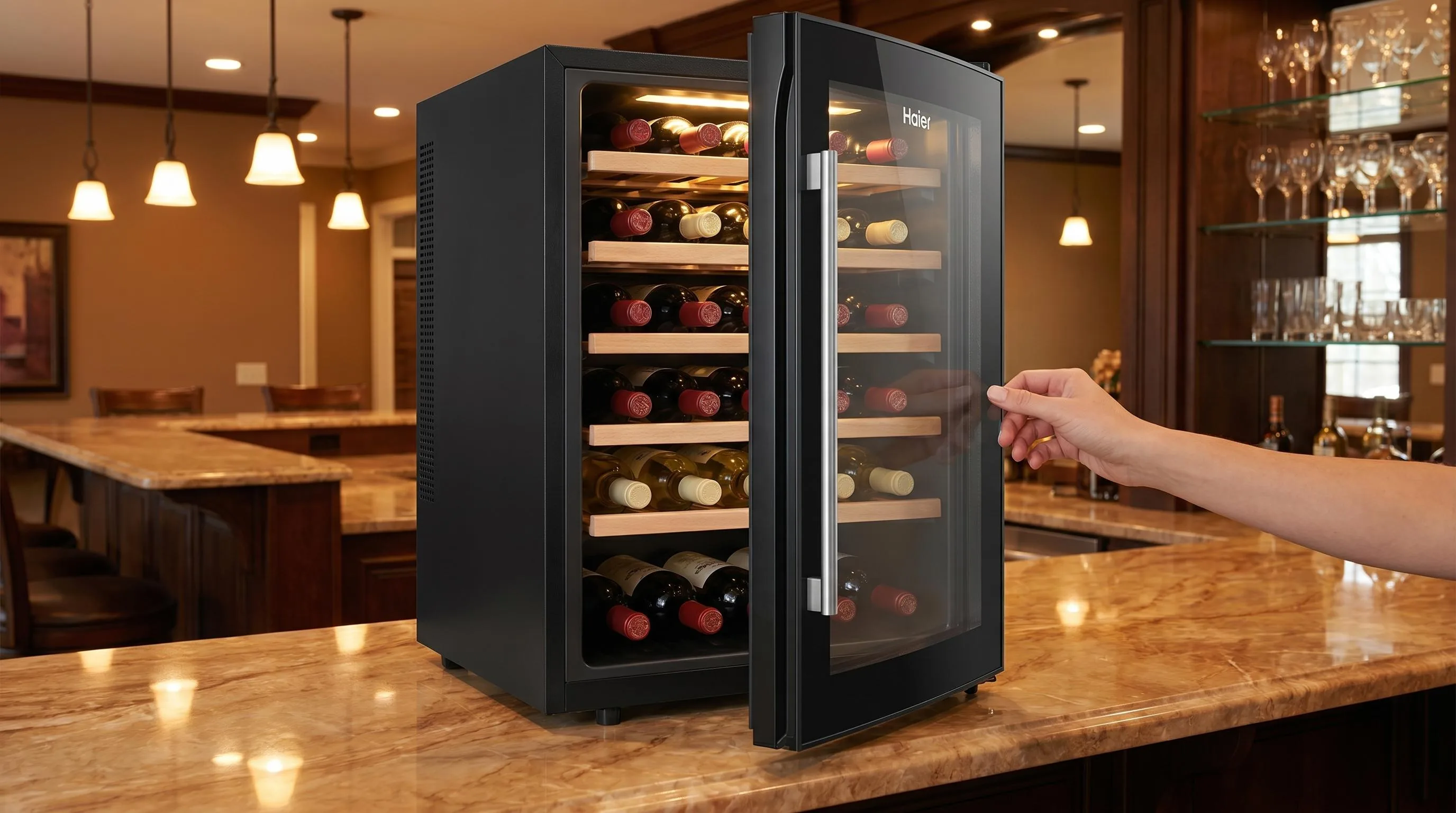 Top 10 Reasons the Haier HVTM08ABS Wine Cooler Is the Perfect Compact Wine Storage Upgrade 2026 3 The Haier HVTM08ABS Wine Cooler shown in everyday use at home, as tested by FlightWineBar