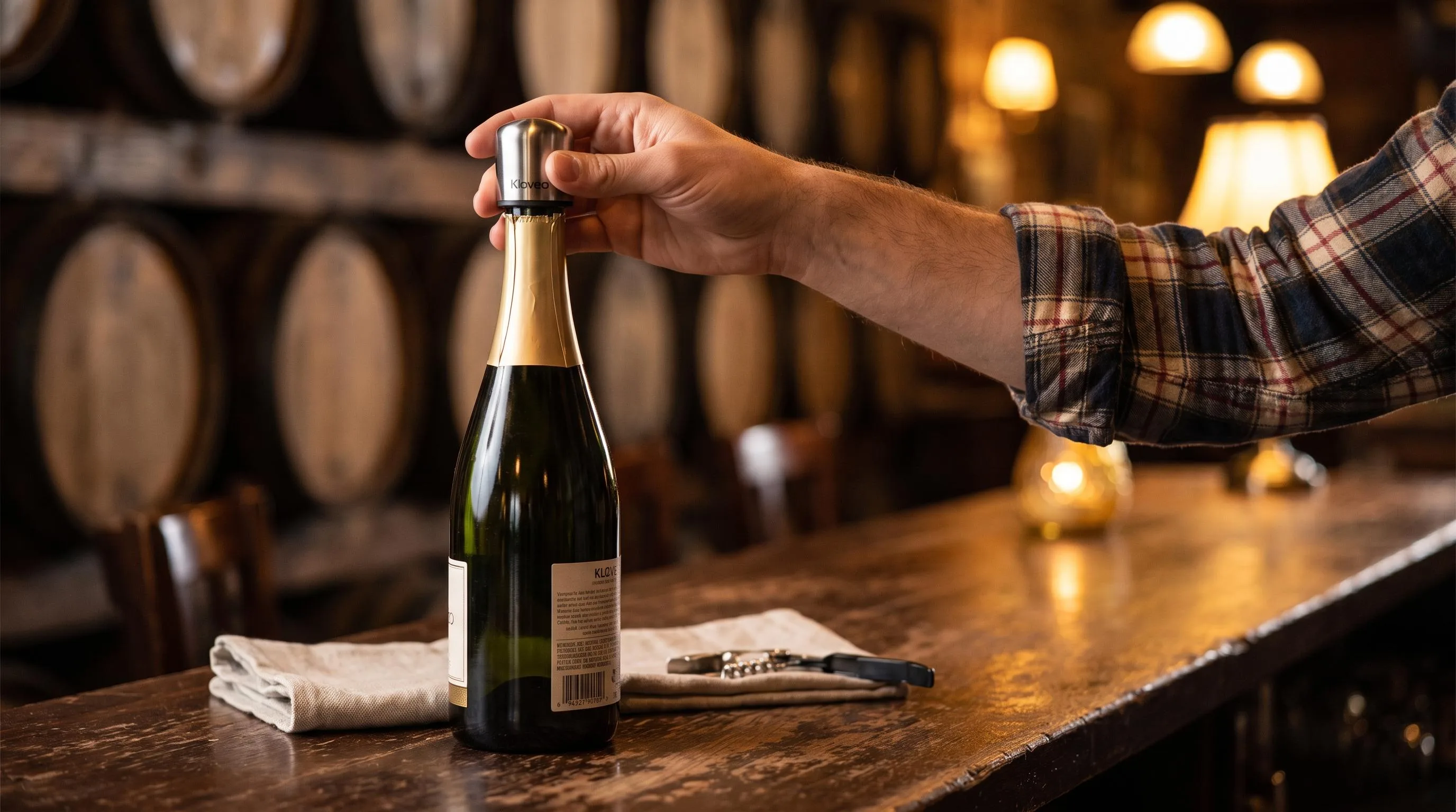 The Kloveo Champagne Stopper shown in everyday use at home, as tested by FlightWineBar