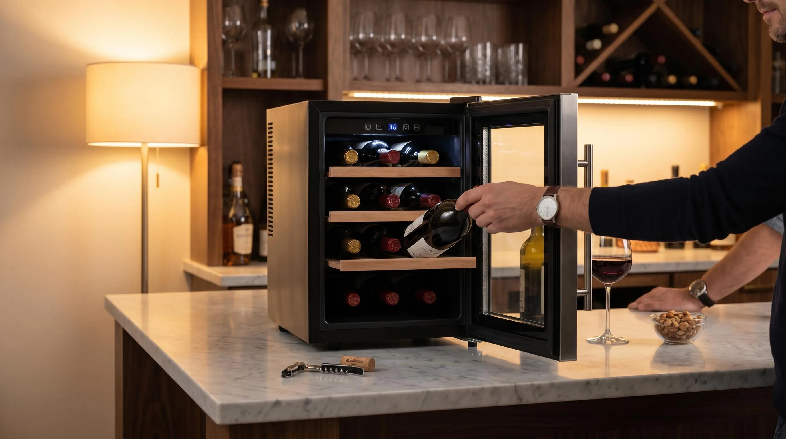 The Koolatron KWT10BN shown in everyday use at home, as tested by FlightWineBar