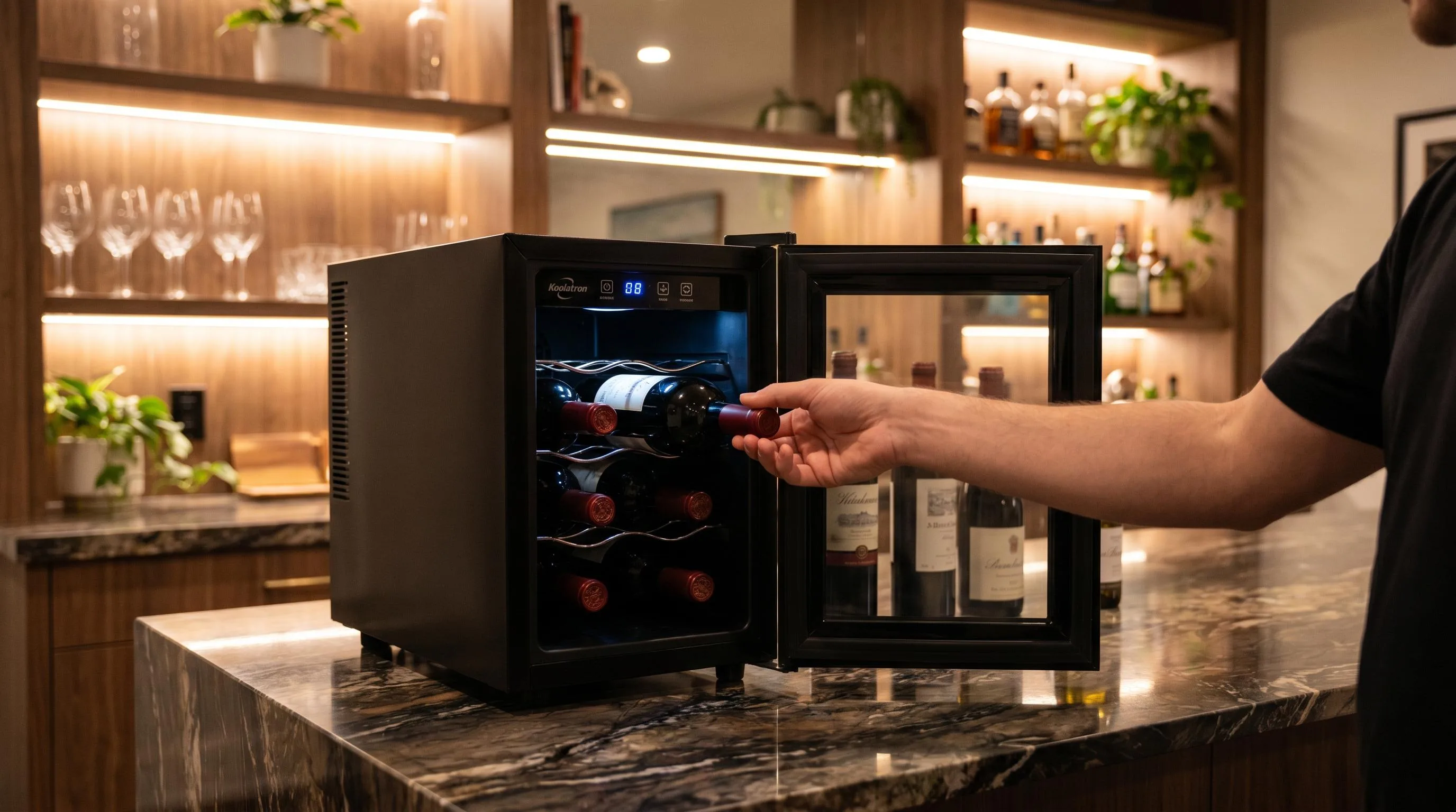 The Koolatron WC06 shown in everyday use at home, as tested by FlightWineBar