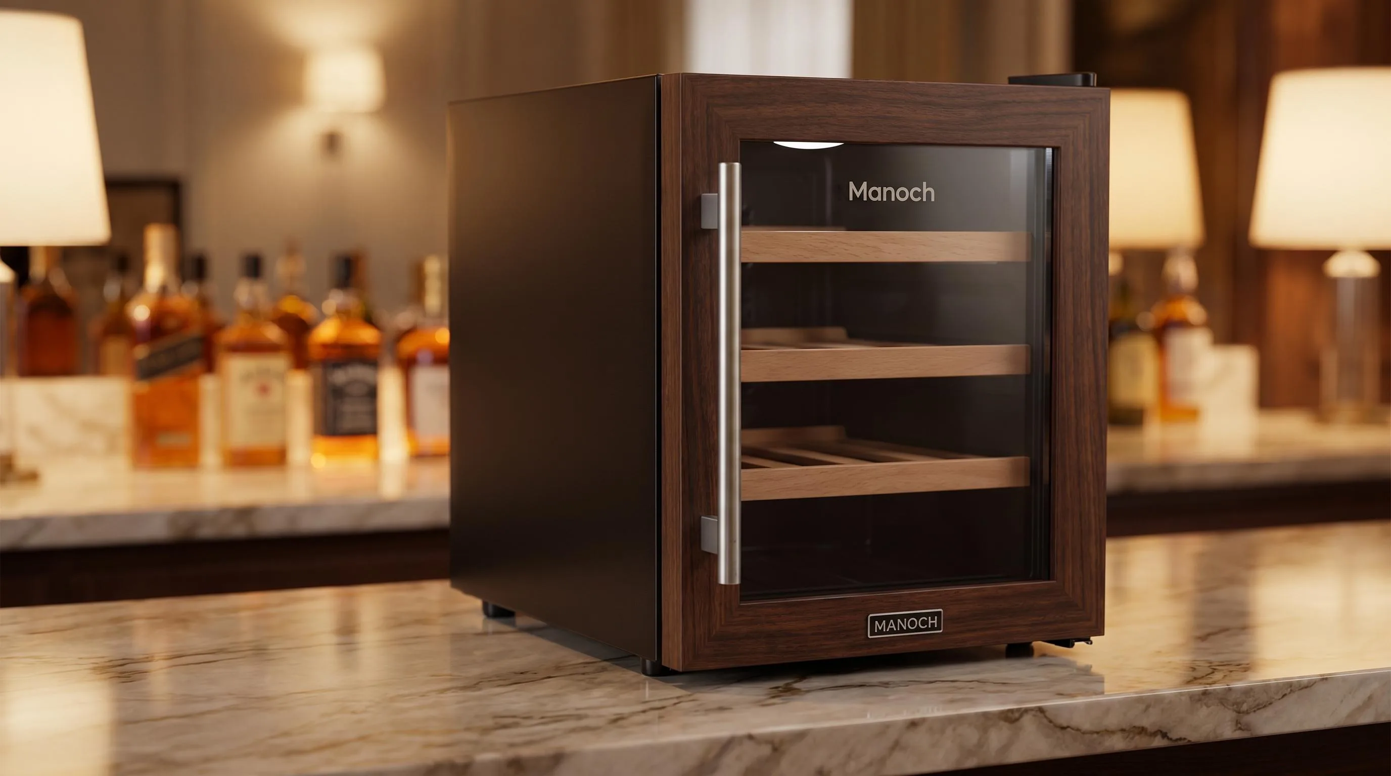 Close-up of the Manoch 6 Bottle Wine Cooler build quality, materials and finish during our review