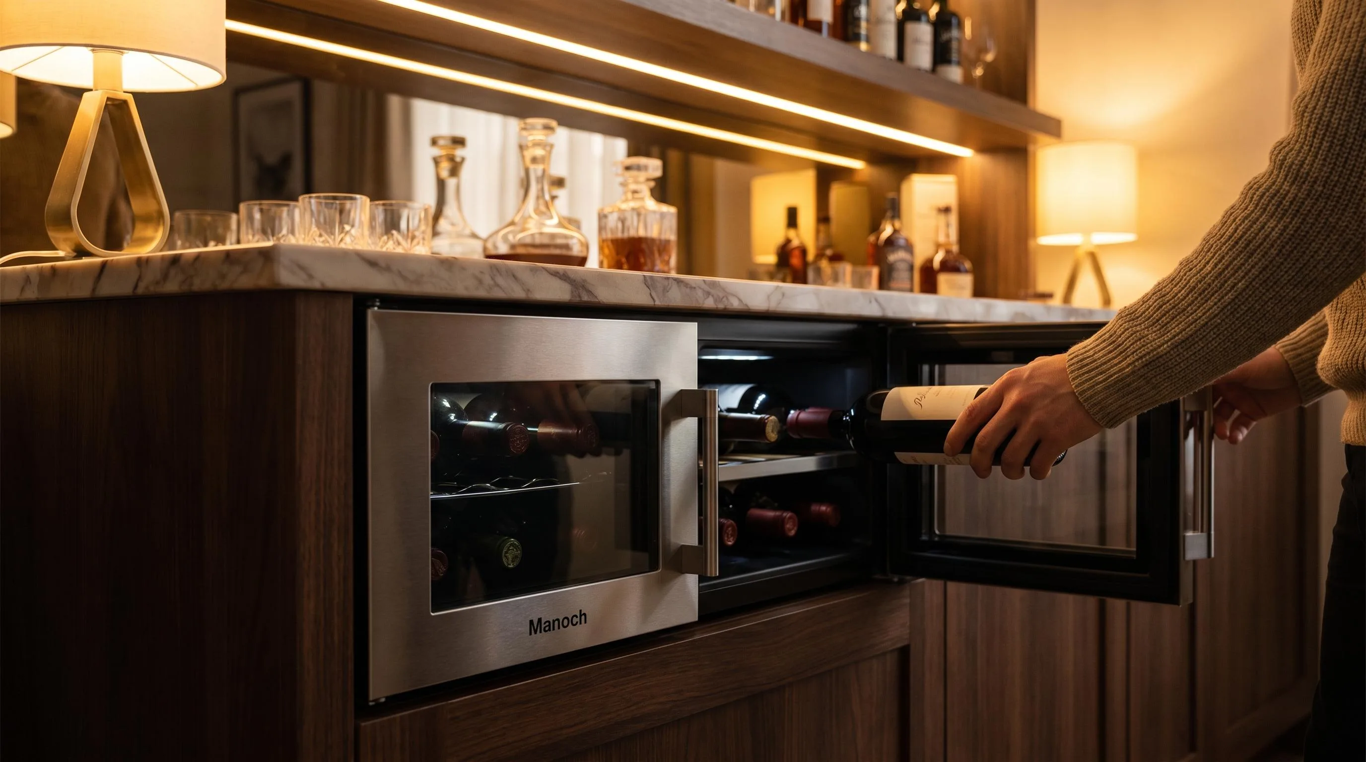 The Manoch 6 Bottle Wine Cooler shown in everyday use at home, as tested by FlightWineBar