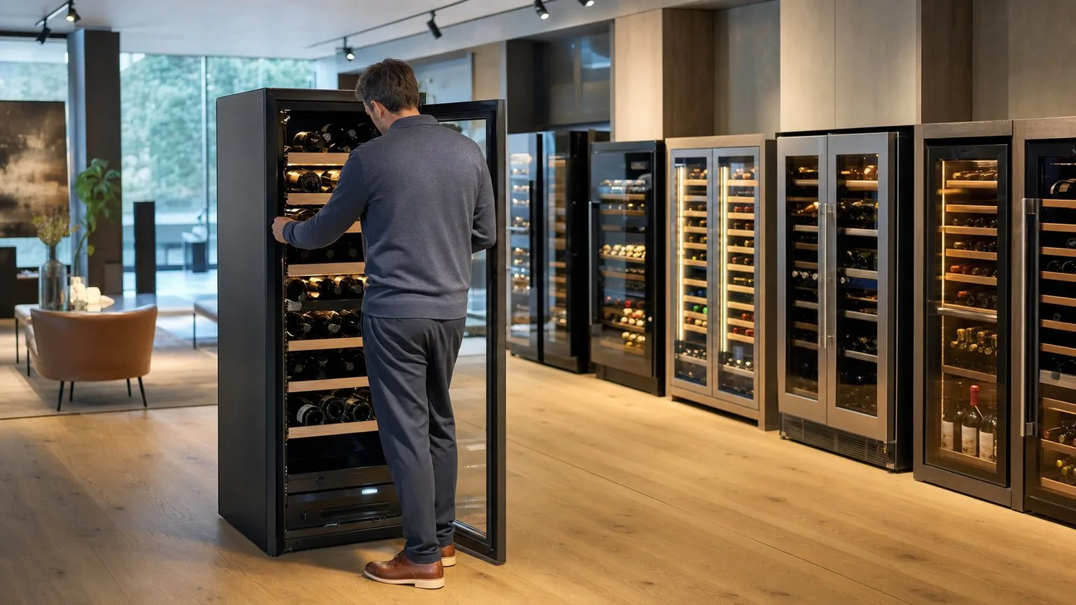 Customer examining premium wine coolers in a showroom while choosing the right brand