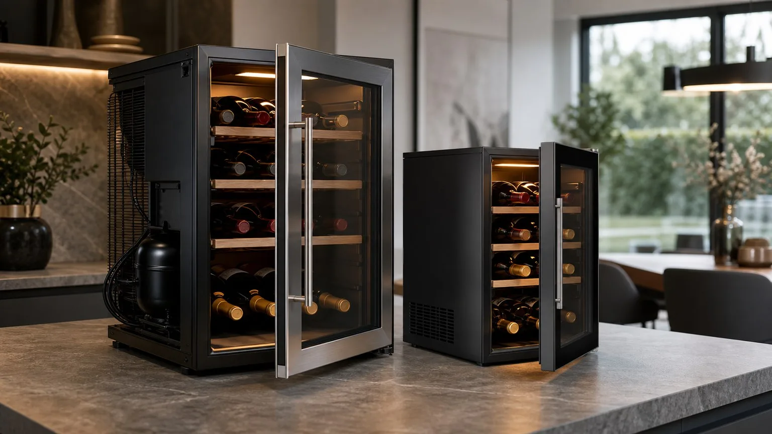Side-by-side comparison of a compressor wine cooler and a thermoelectric wine cooler on a kitchen counter