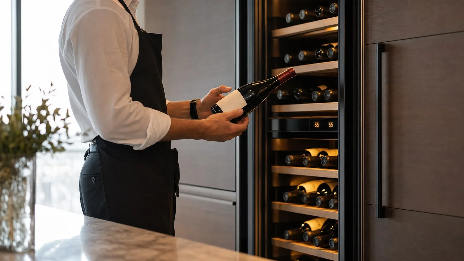 Professional sommelier inspecting a wine bottle next to a high-end wine cooler displaying optimal temperature