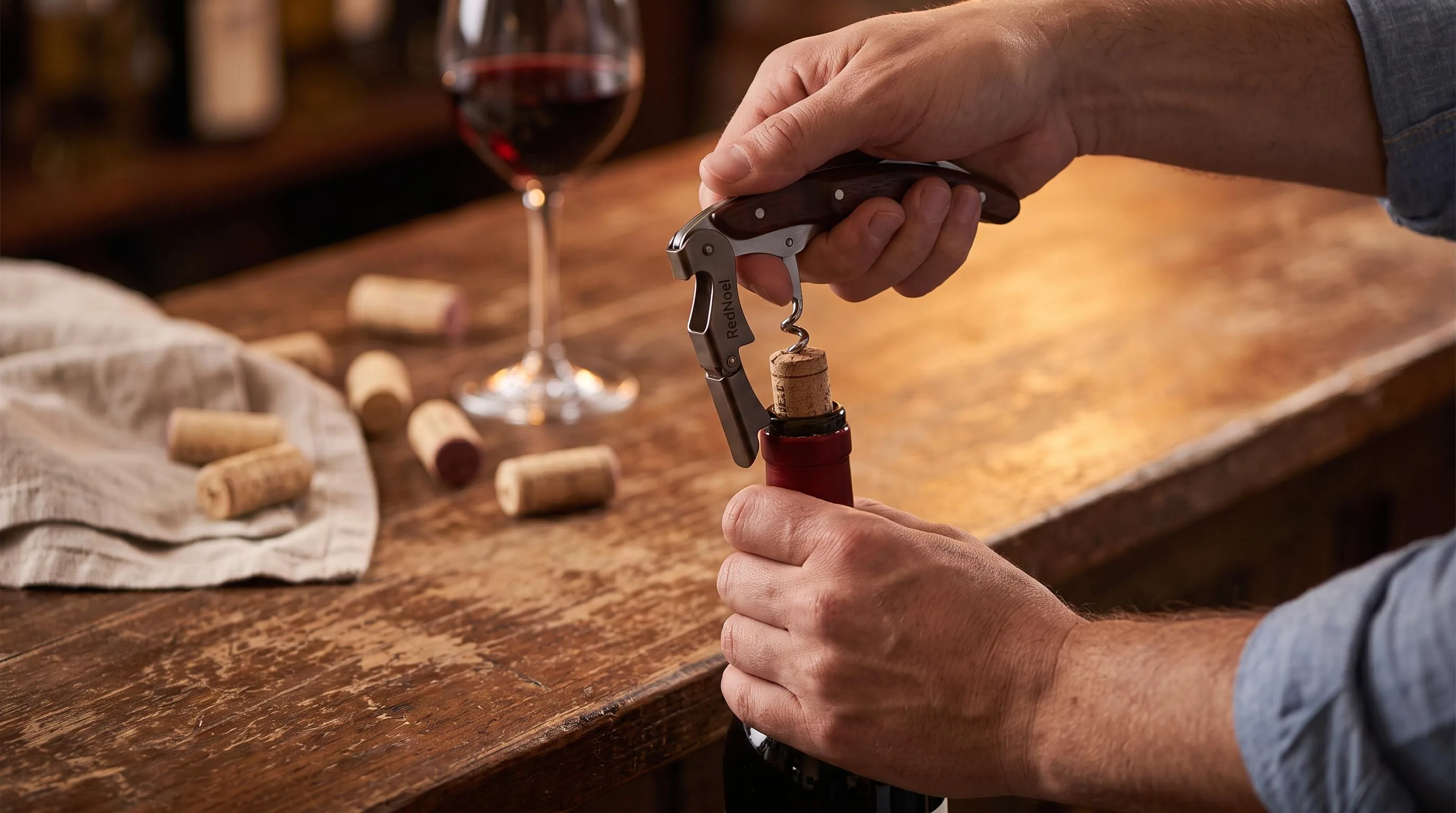 The RedNoel Wine Corkscrew shown in everyday use at home, as tested by FlightWineBar