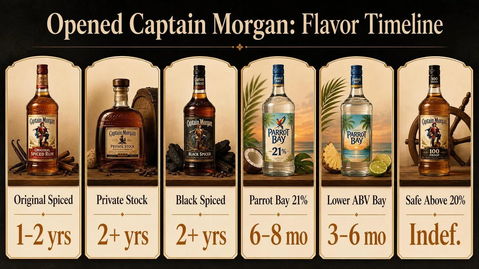 Opened Captain Morgan: Shelf Life by Fill — key facts at a glance