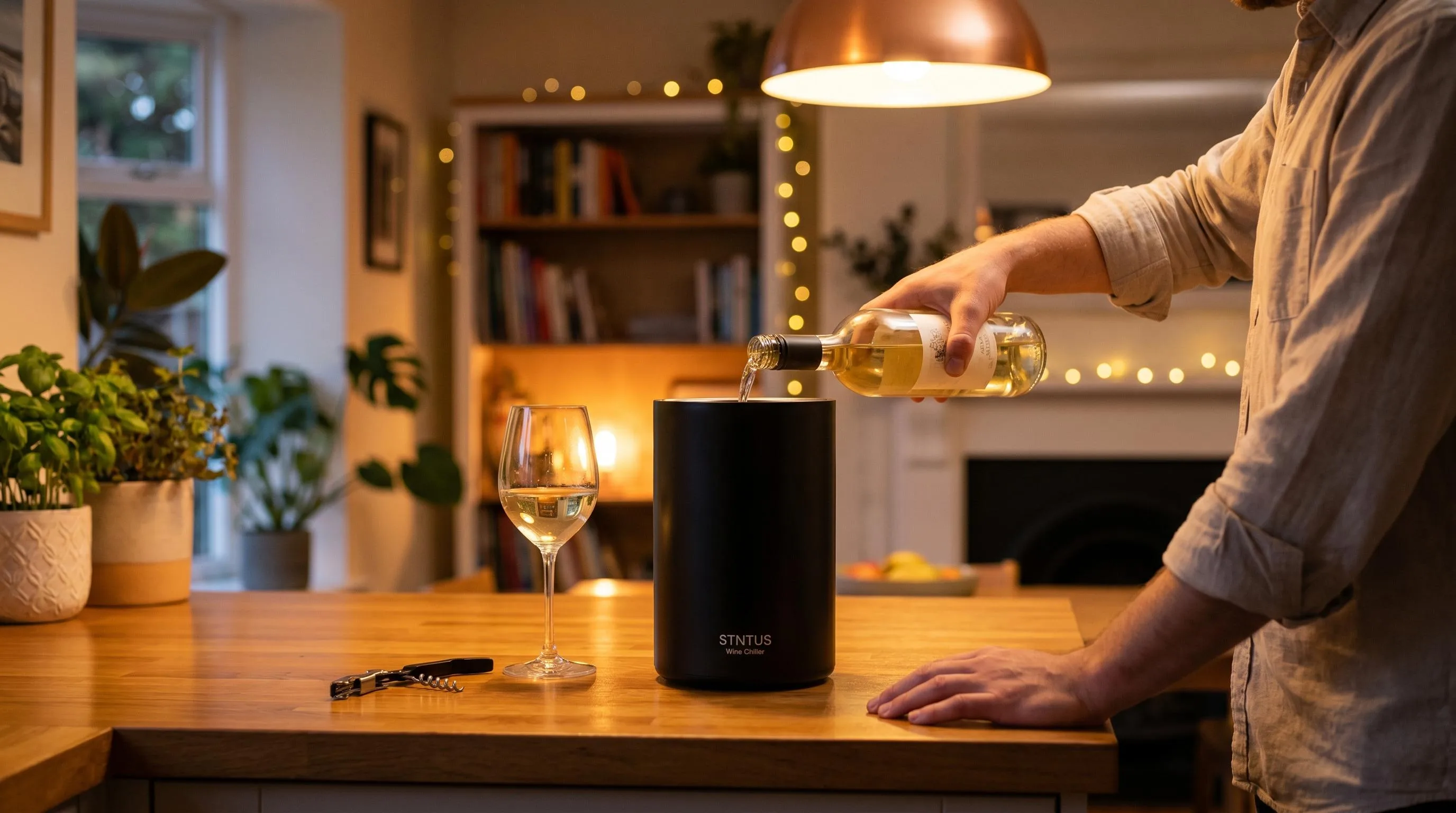 The STNTUS Wine Chiller shown in everyday use at home, as tested by FlightWineBar