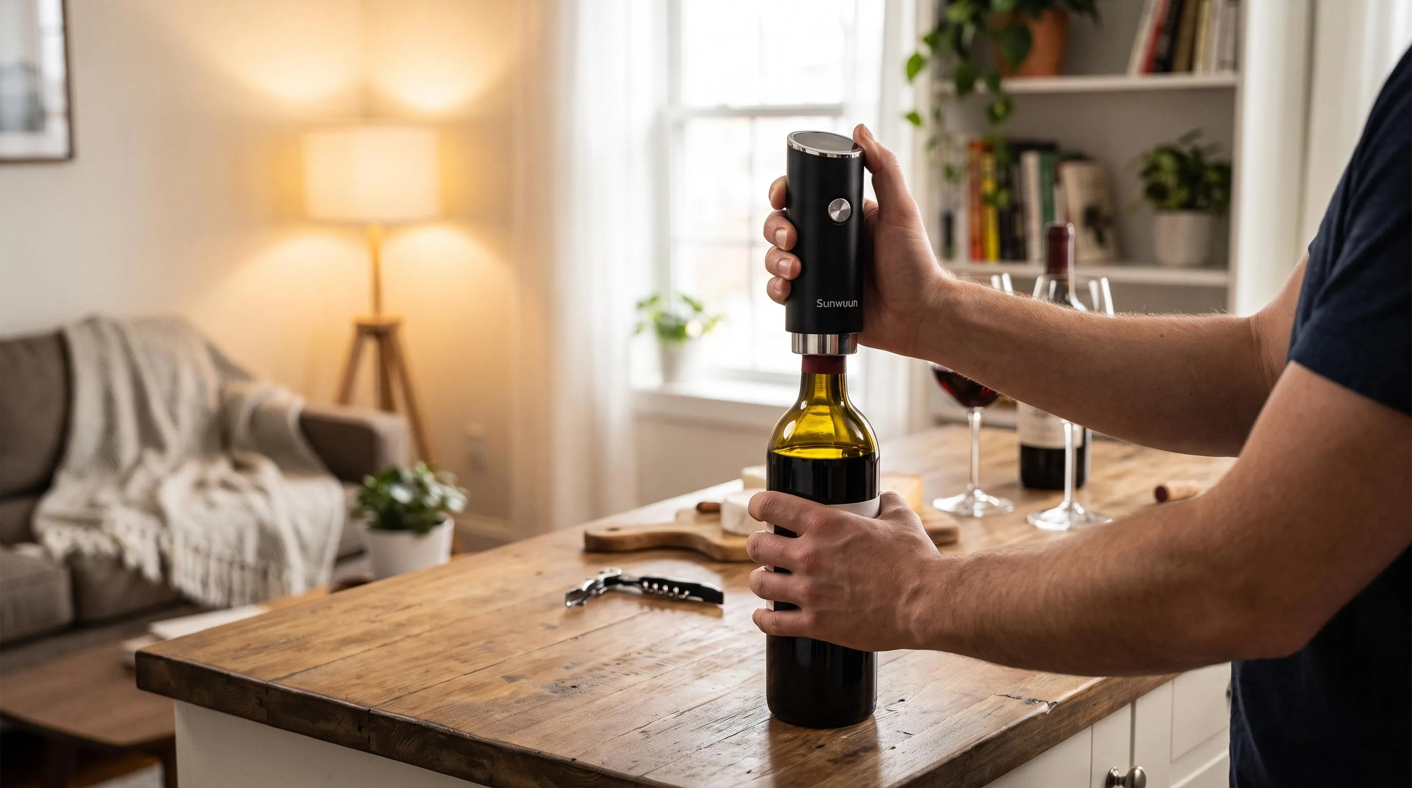 The sunwuun wine vacuum sealer shown in everyday use at home, as tested by FlightWineBar