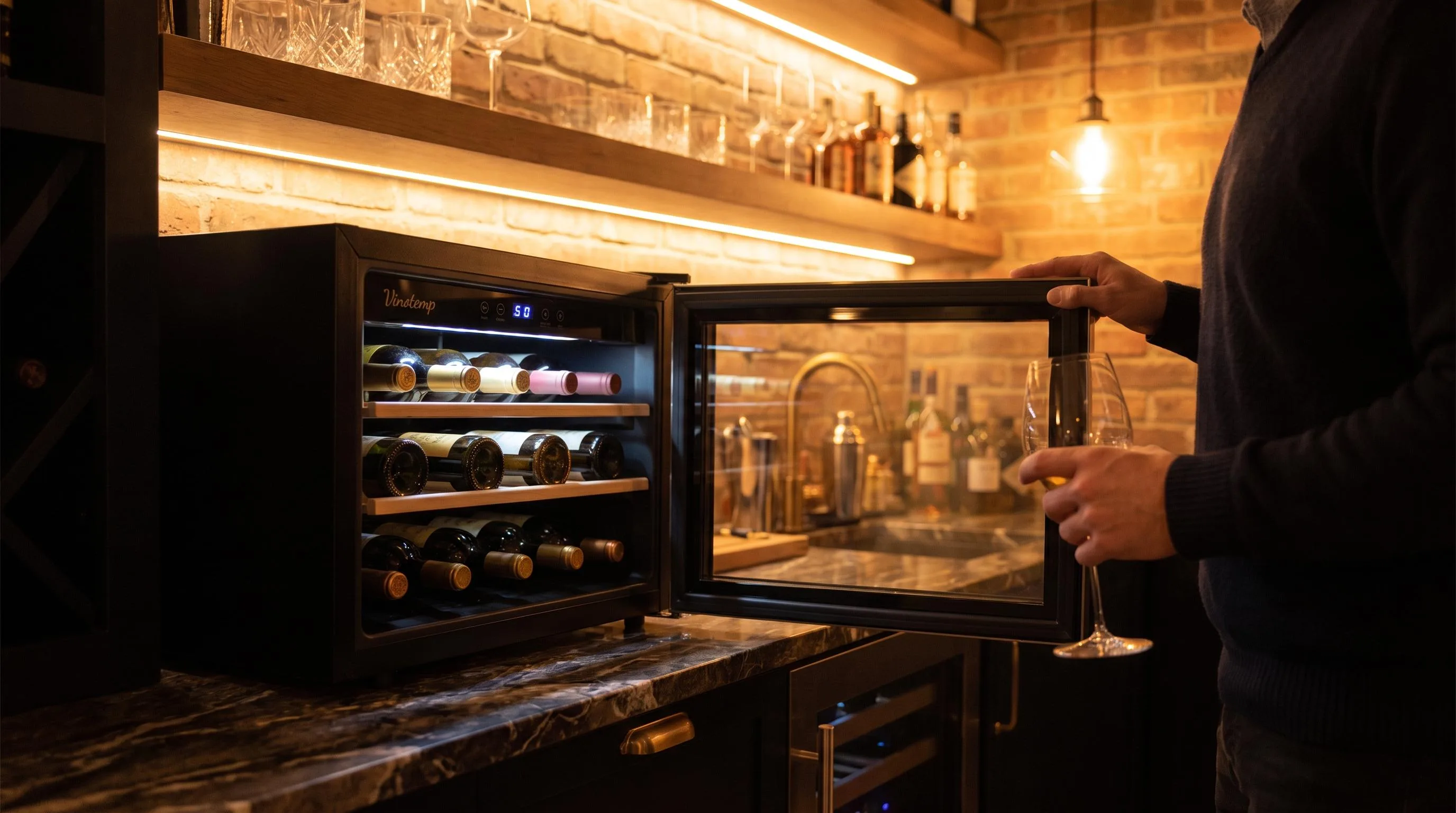 The Vinotemp EL-WCU102-01 shown in everyday use at home, as tested by FlightWineBar