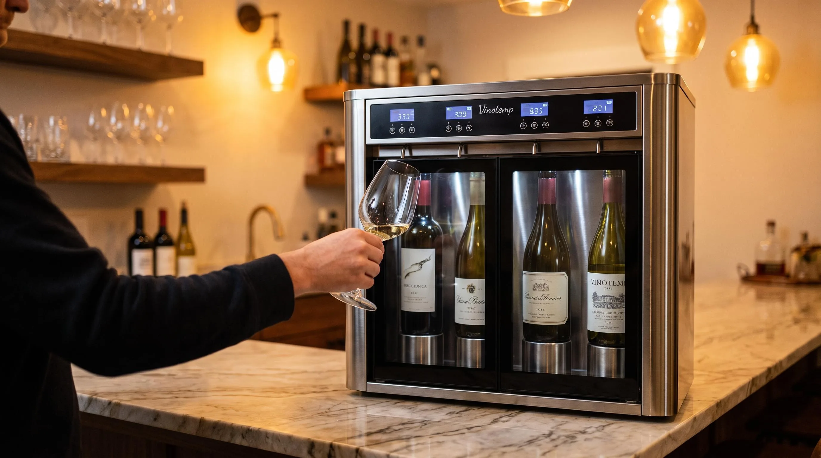 Vinotemp VT-WINEDISP4 Wine Cooler Review 2026 3 The Vinotemp VT-WINEDISP4 shown in everyday use at home, as tested by FlightWineBar