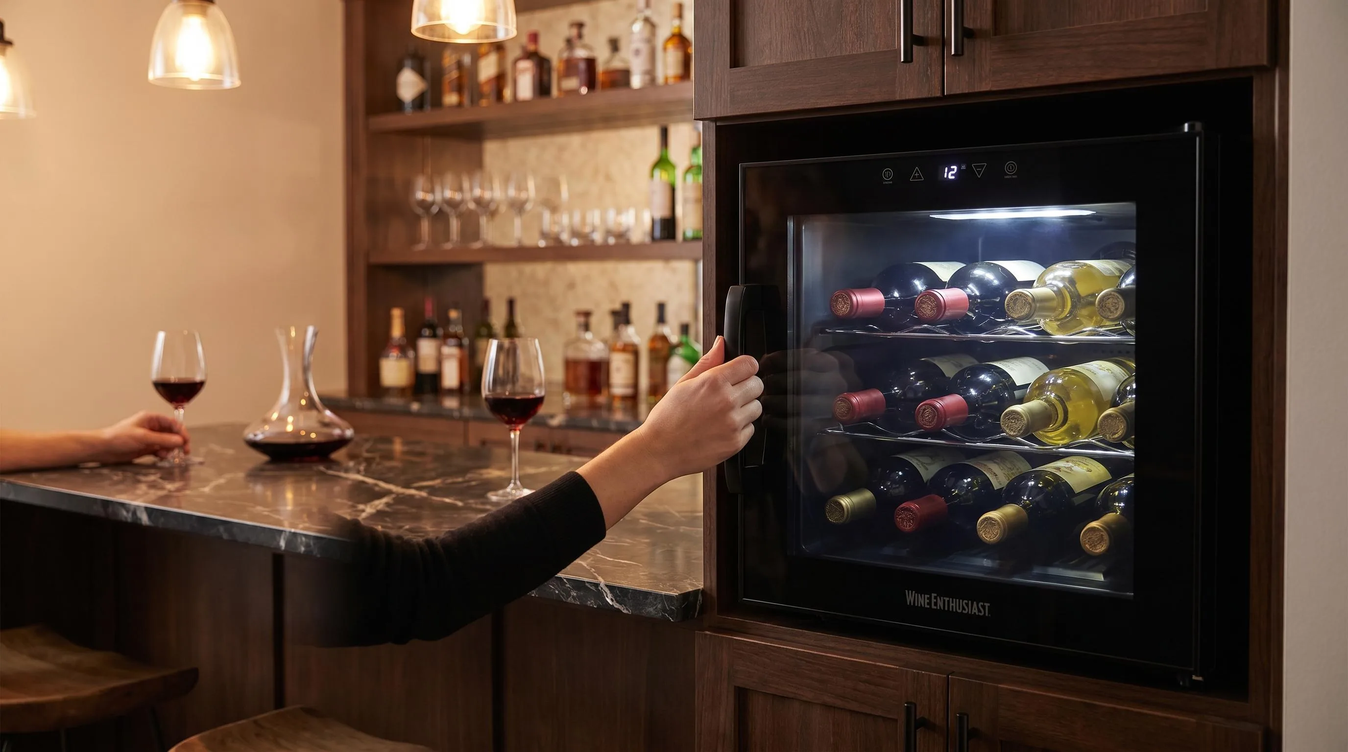 Wine Enthusiast 12-Bottle Wine Cooler Review 2026 3 The Wine Enthusiast 12-Bottle shown in everyday use at home, as tested by FlightWineBar