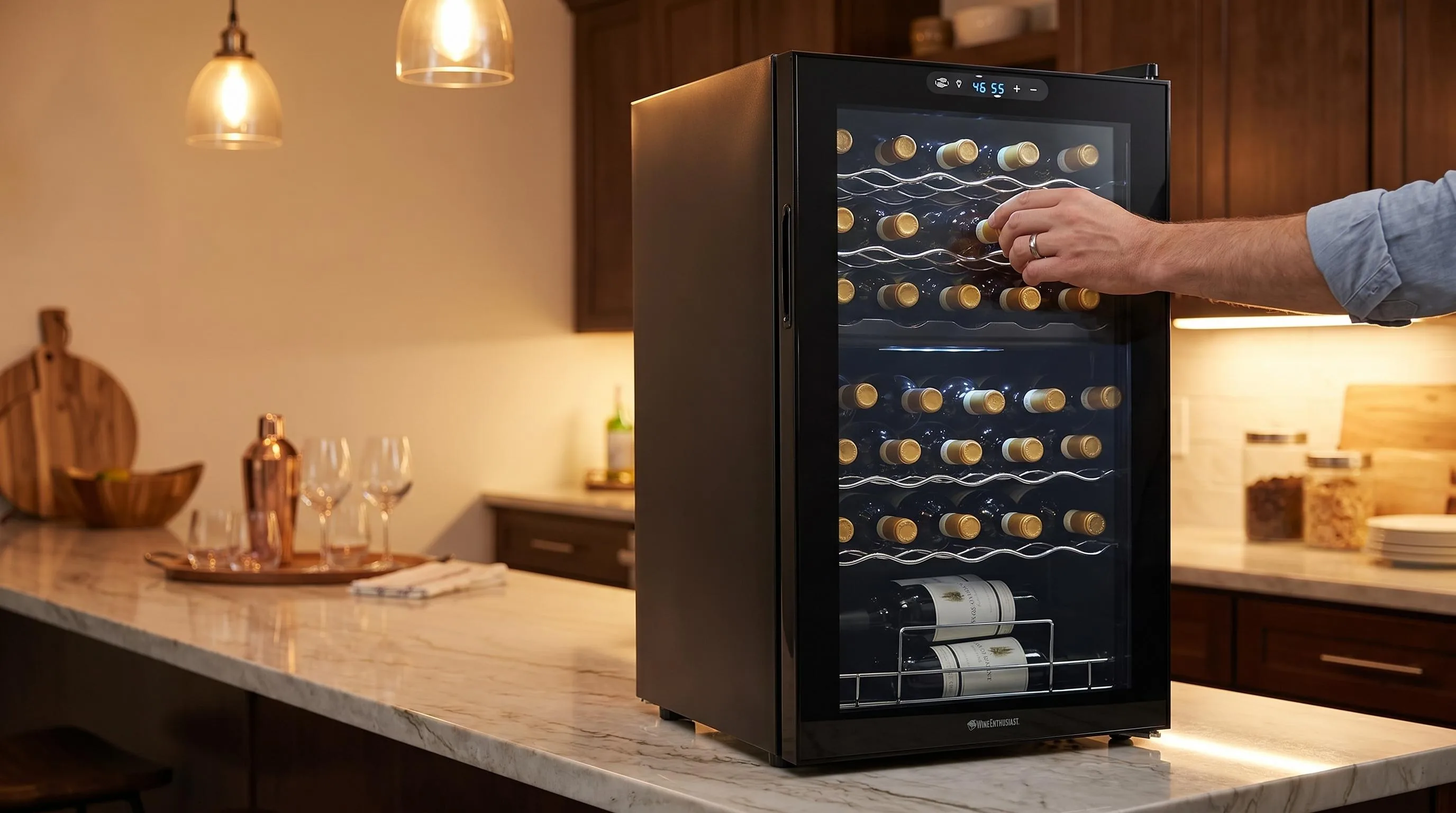 The Wine Enthusiast 32-Bottle shown in everyday use at home, as tested by FlightWineBar