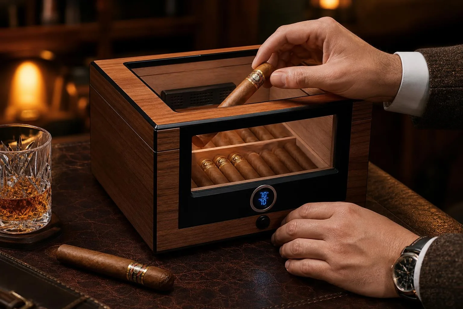 Audew Cigar Humidor Review 2026 3 The Audew Cigar Humidor shown in everyday use at home, as tested by FlightWineBar