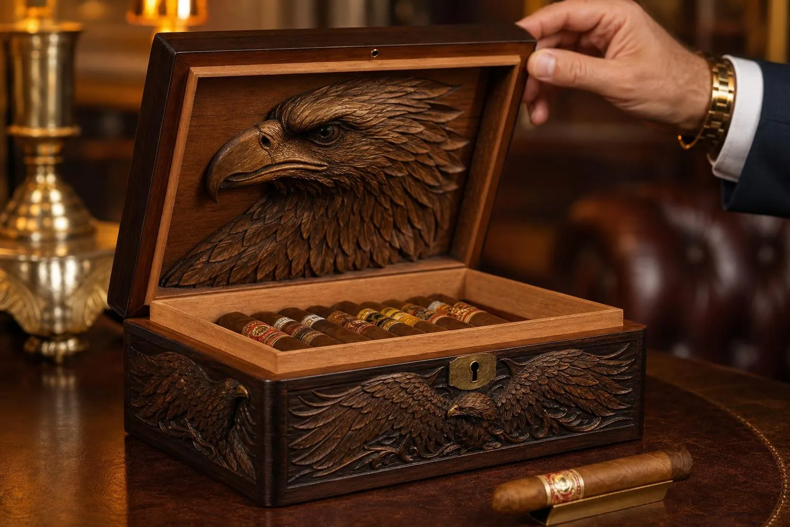 The Bald Eagle Cigar Humidor shown in everyday use at home, as tested by FlightWineBar