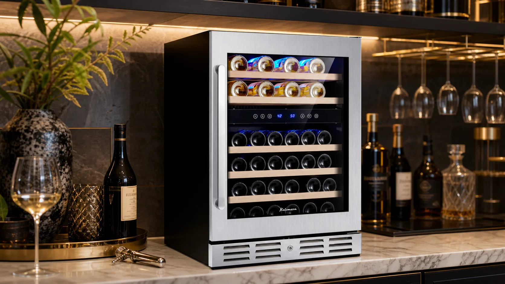 The Top 6 Best Dual Zone Wine Cooler You Need Right Now 12 Kalamera 40-Bottle Wine Cooler — Reversible Door Installs: triple-layer tempered reversible glass door