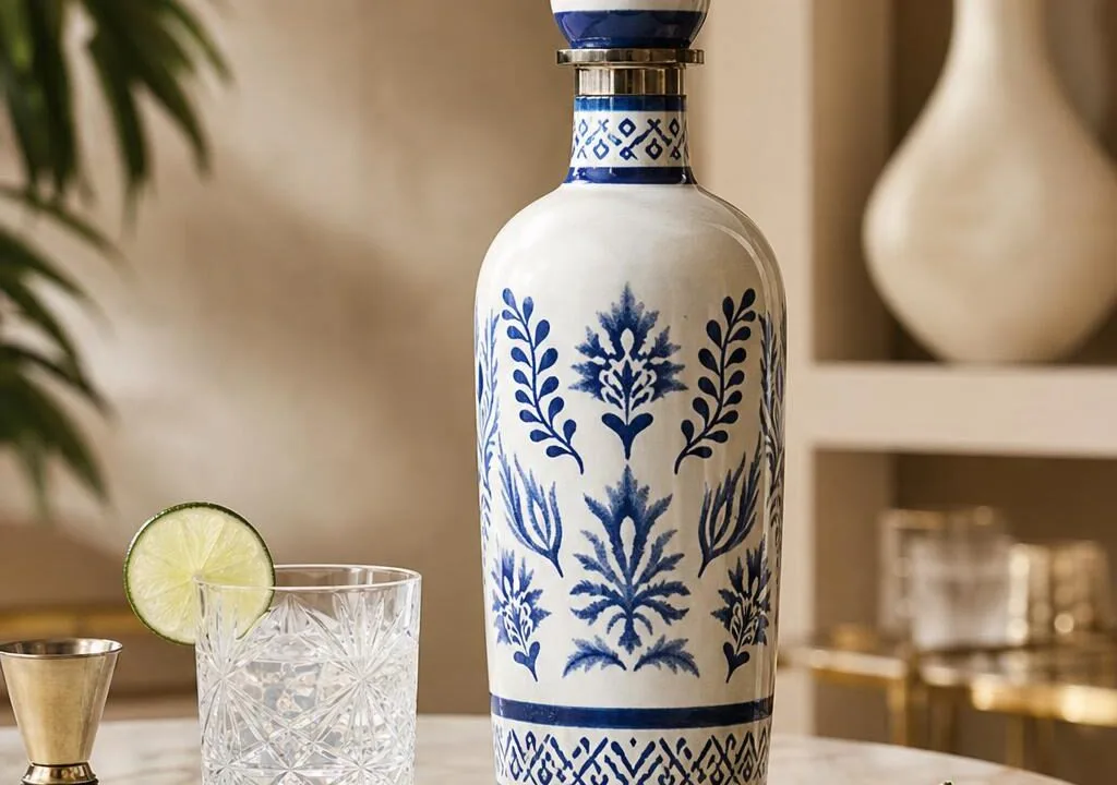Blue and White Tequila Bottle