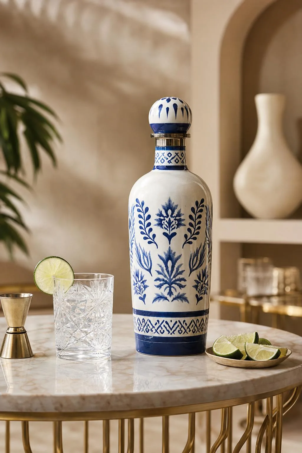 Blue and White Tequila Bottle