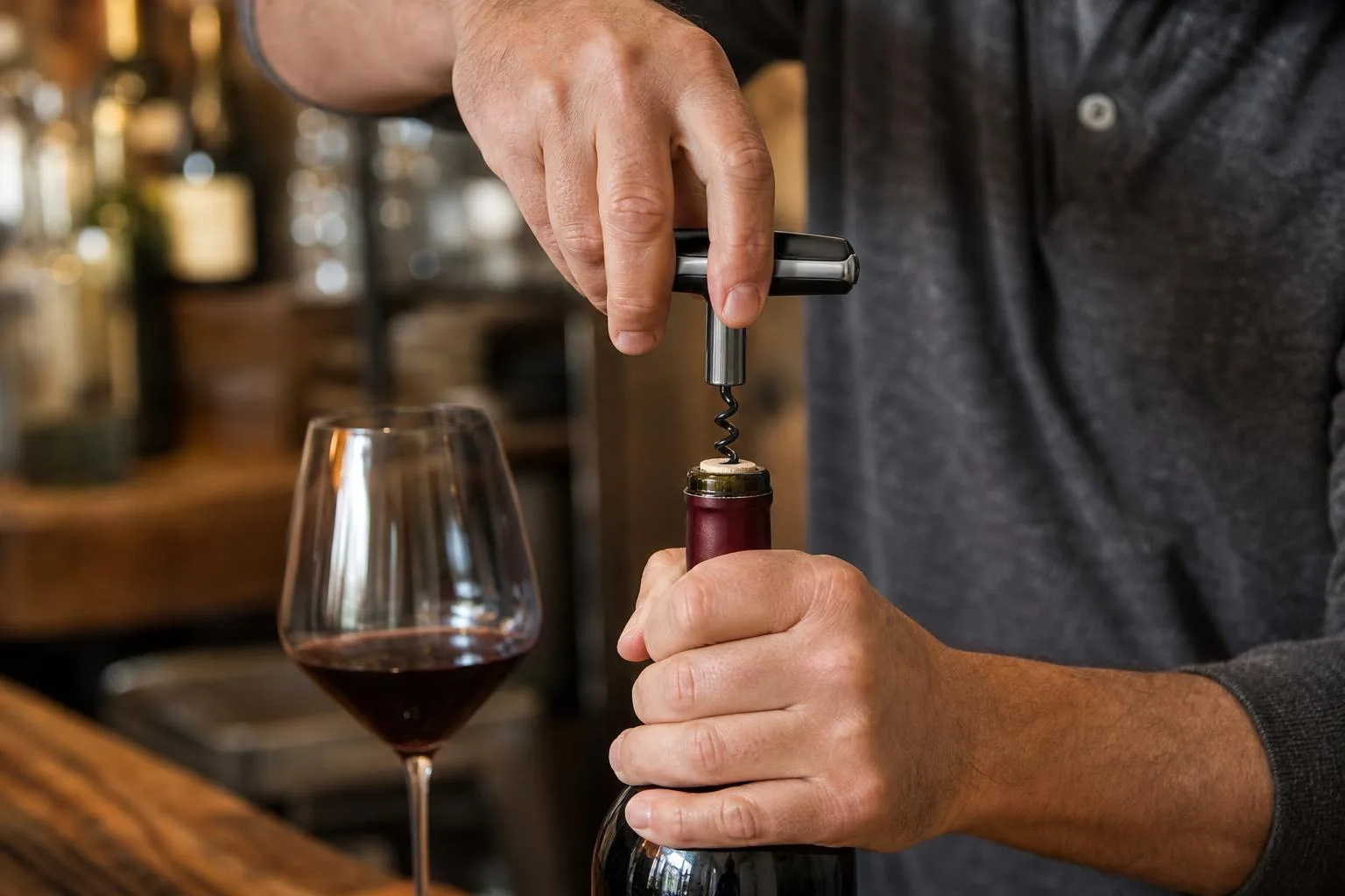 Brookstone Compact Wine Corkscrew Review 2026 3 The Brookstone Compact Wine Corkscrew shown in everyday use at home, as tested by FlightWineBar