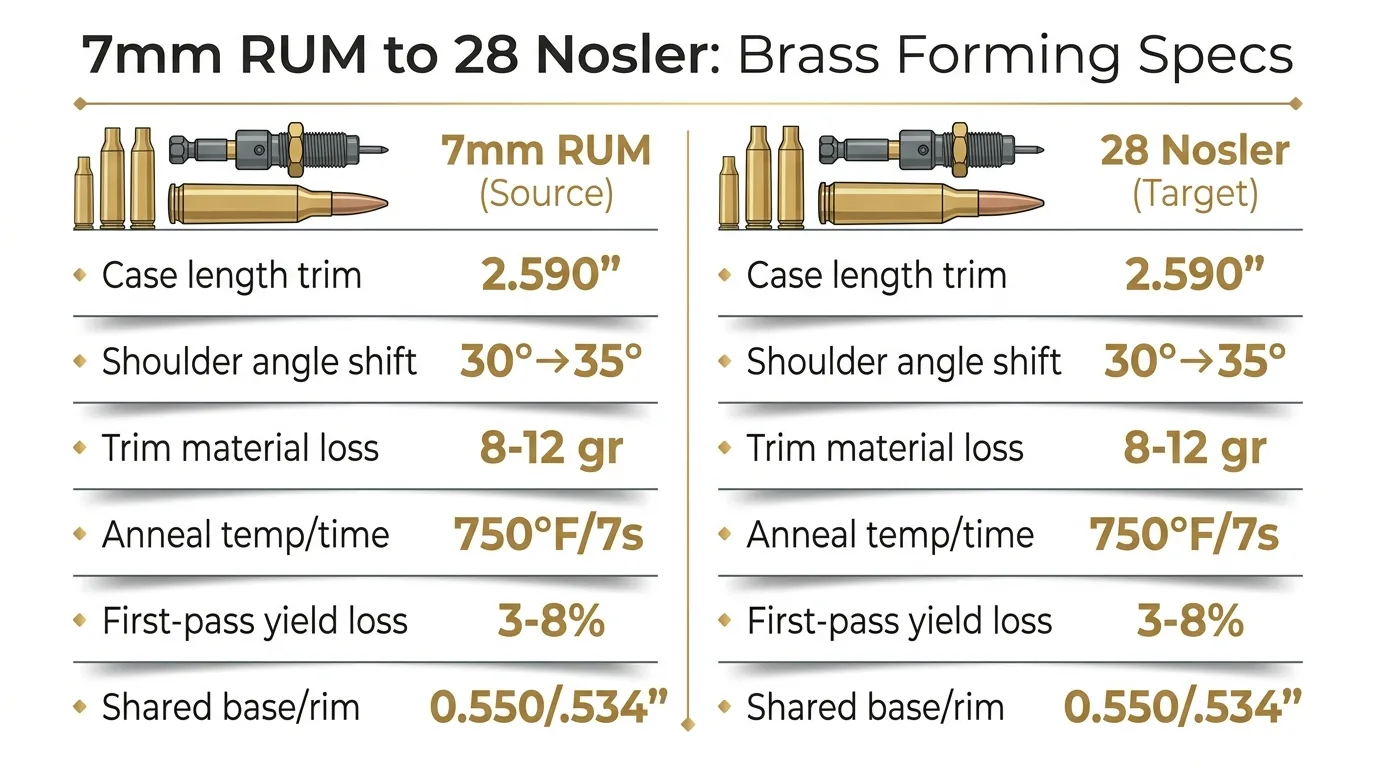 7mm RUM to 28 Nosler: Brass Forming Specs — key facts at a glance