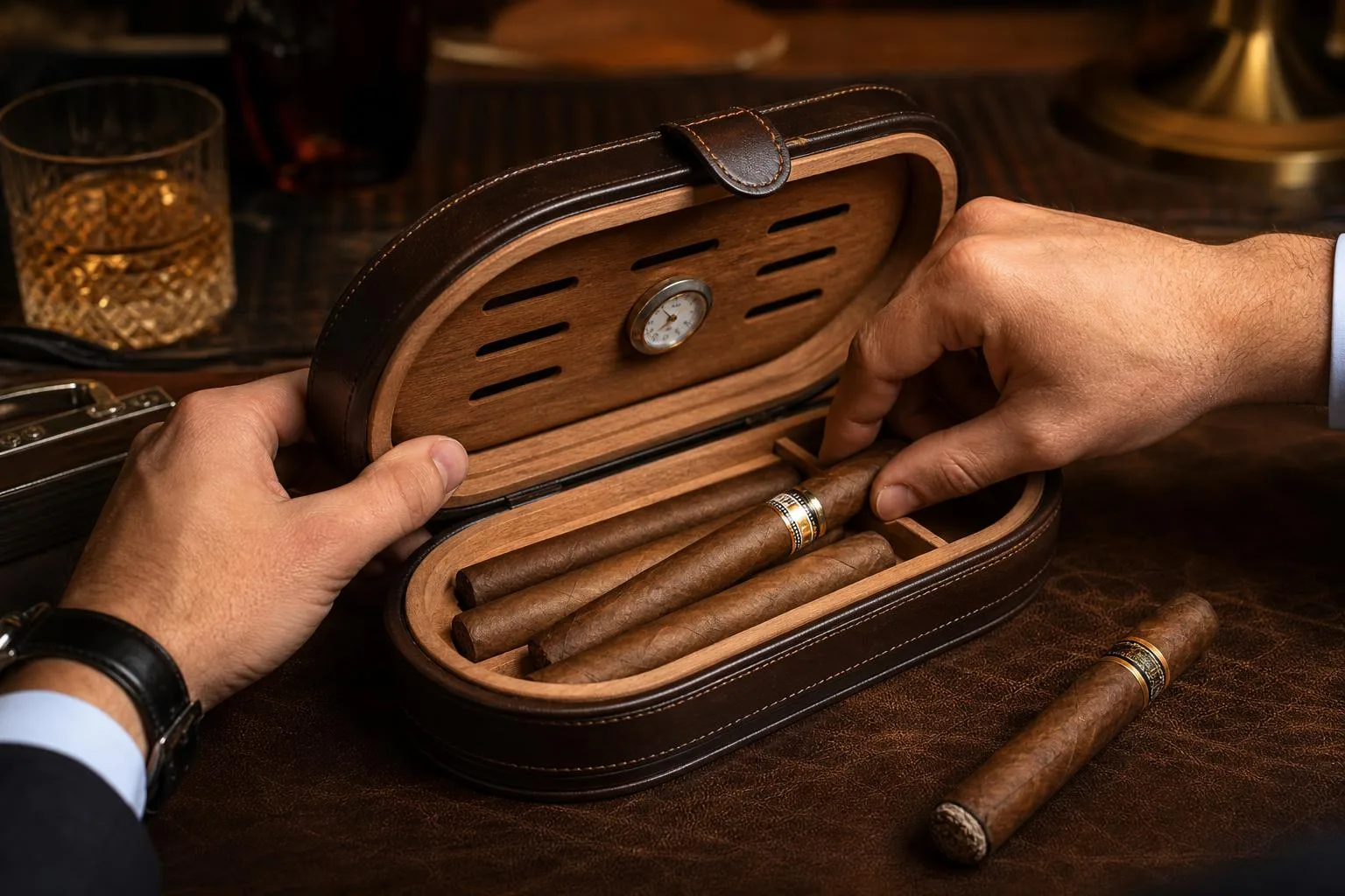 The Case Elegance Cigar Humidor shown in everyday use at home, as tested by FlightWineBar